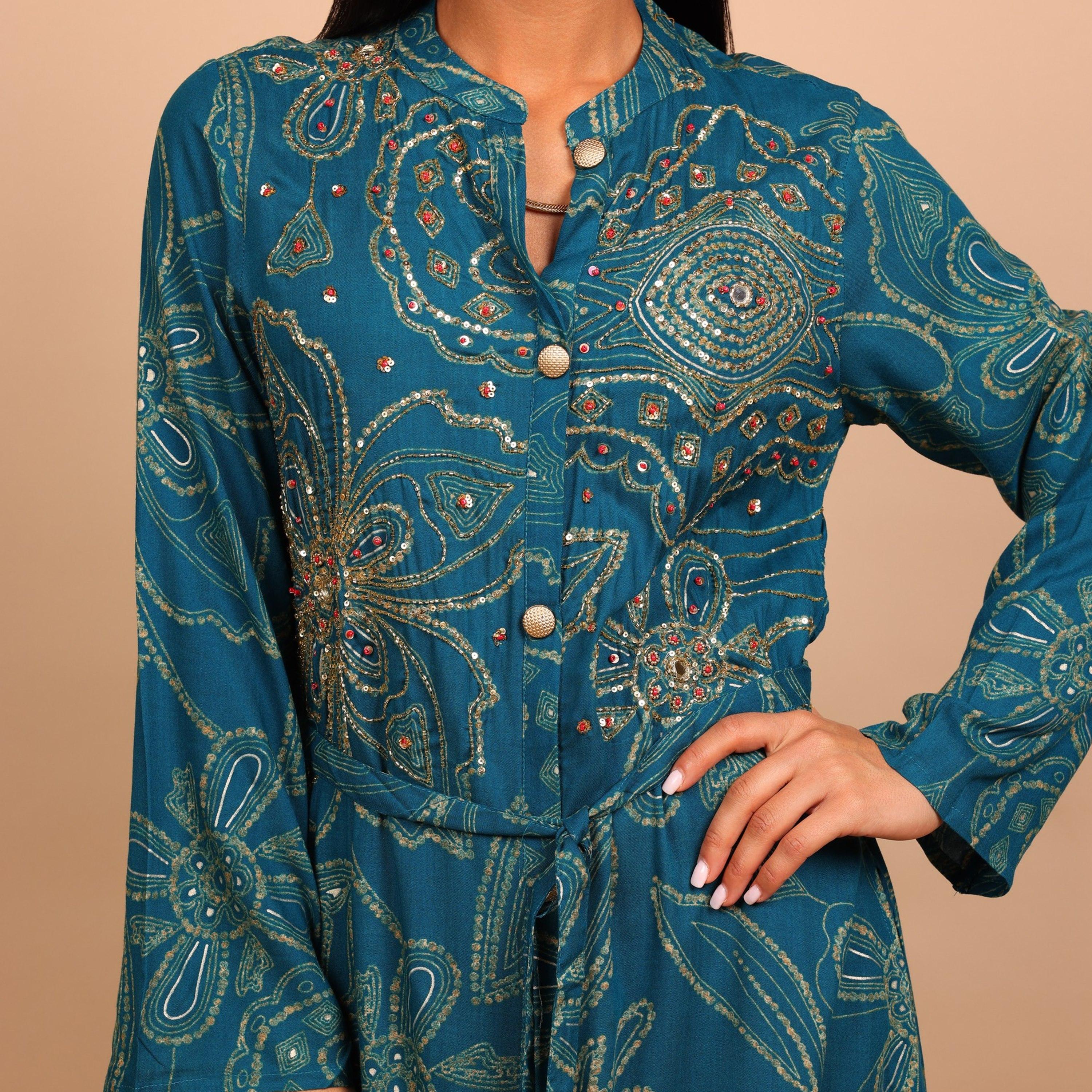 IKKXA Geometric Print & Beaded Mandarin Collar Women's Fit and Flared Jalabiya-women-arabicclothing-jalabiyas-image-8