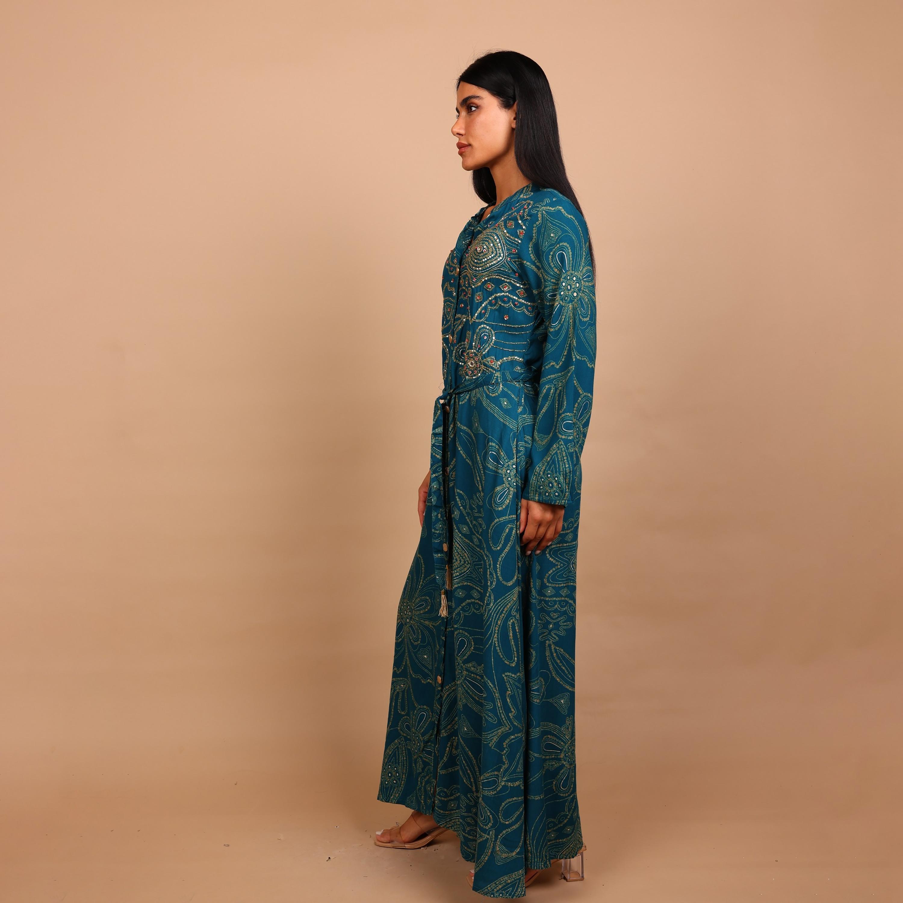 IKKXA Geometric Print & Beaded Mandarin Collar Women's Fit and Flared Jalabiya-women-arabicclothing-jalabiyas-image-9