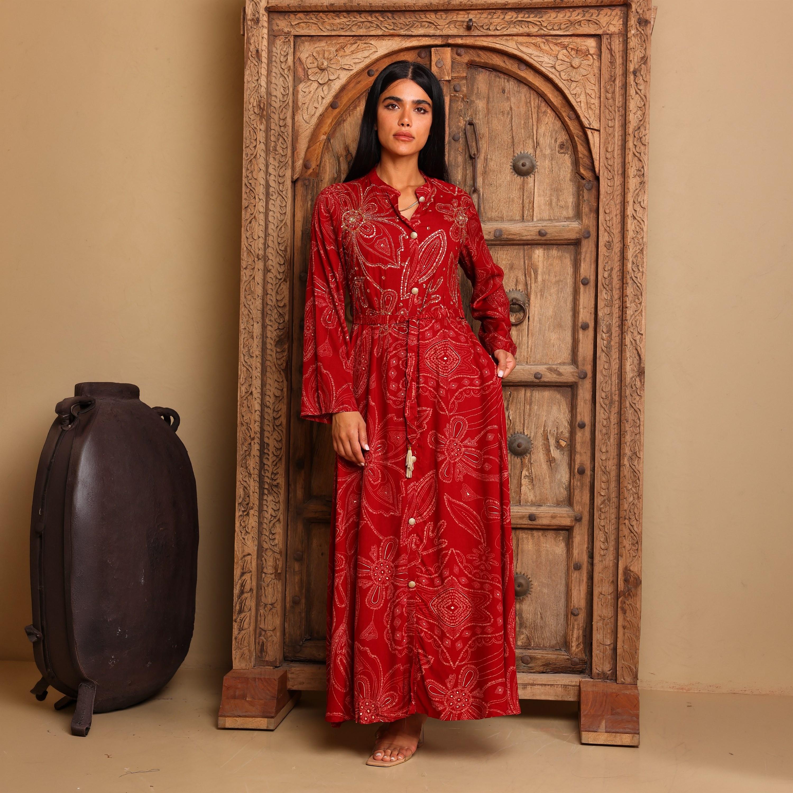 IKKXA Geometric Print & Beaded Mandarin Collar Women's Fit and Flared Jalabiya-women-arabicclothing-jalabiyas-image-11