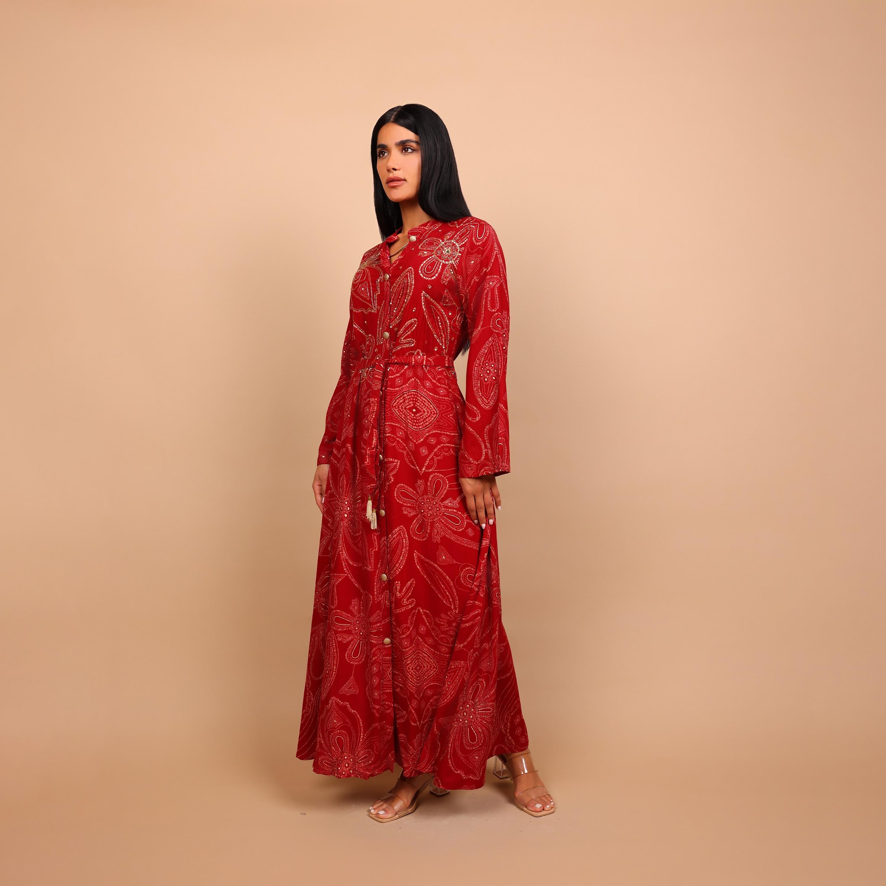 IKKXA Geometric Print & Beaded Mandarin Collar Women's Fit and Flared Jalabiya-women-arabicclothing-jalabiyas-image-2