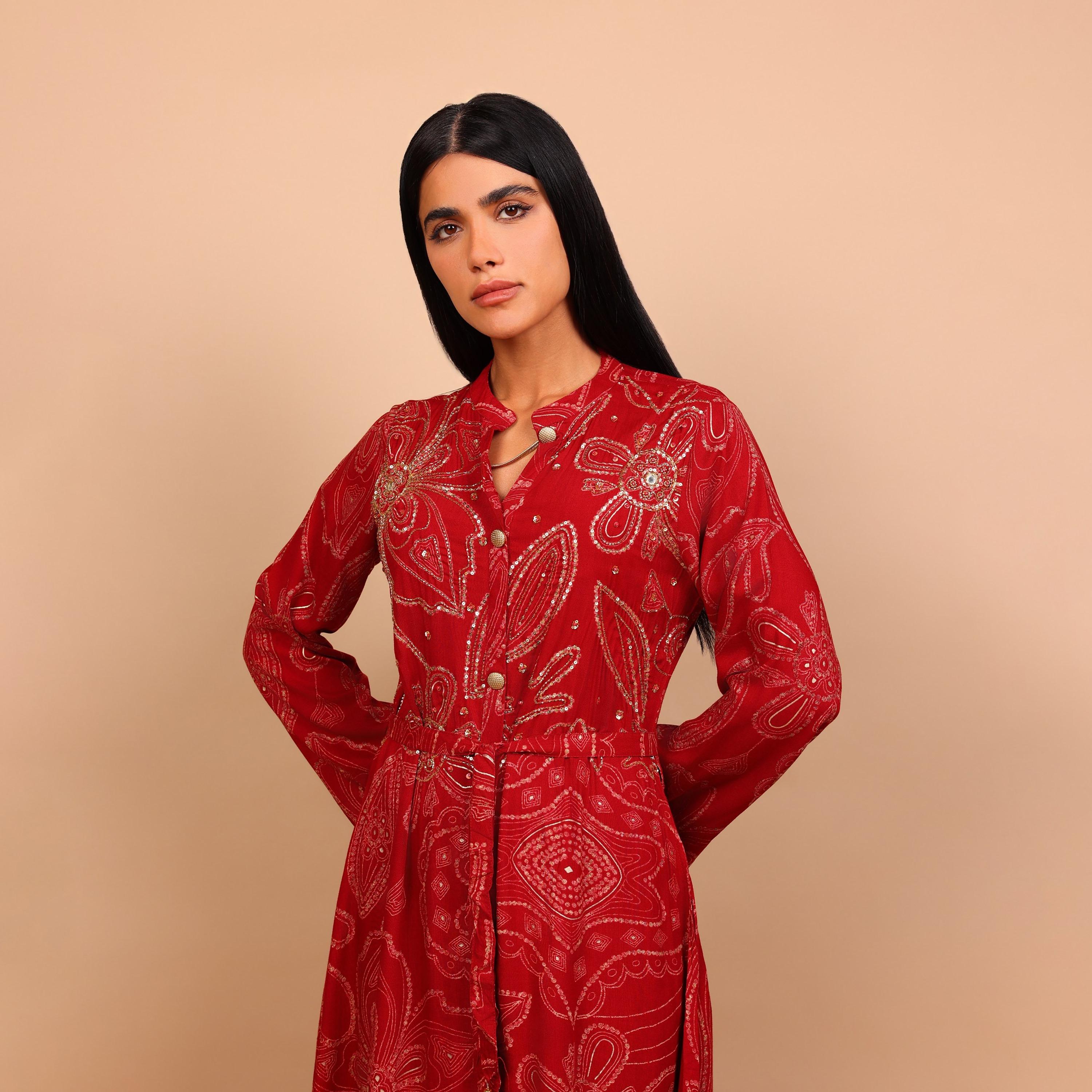 IKKXA Geometric Print & Beaded Mandarin Collar Women's Fit and Flared Jalabiya-women-arabicclothing-jalabiyas-image-13