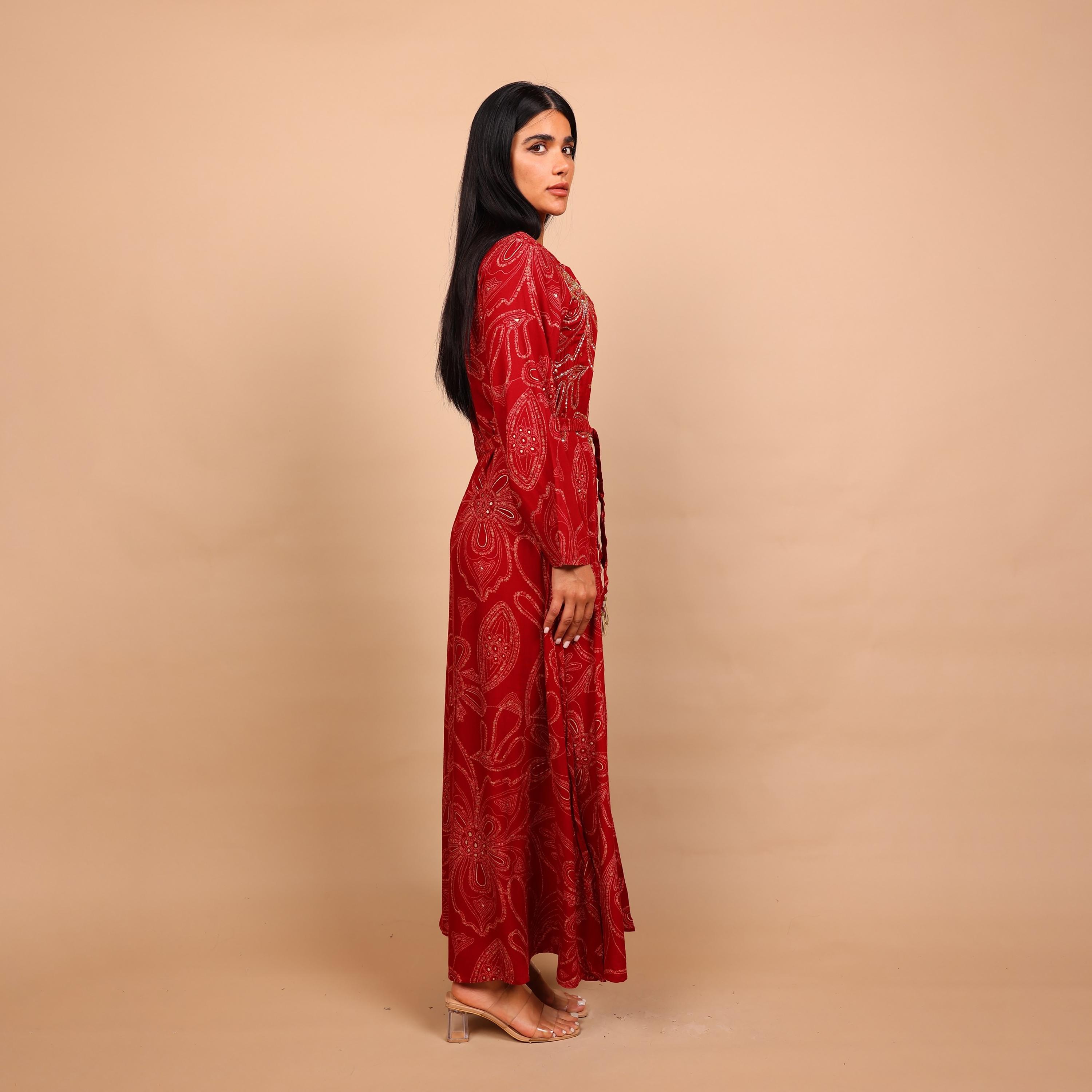 IKKXA Geometric Print & Beaded Mandarin Collar Women's Fit and Flared Jalabiya-women-arabicclothing-jalabiyas-image-4