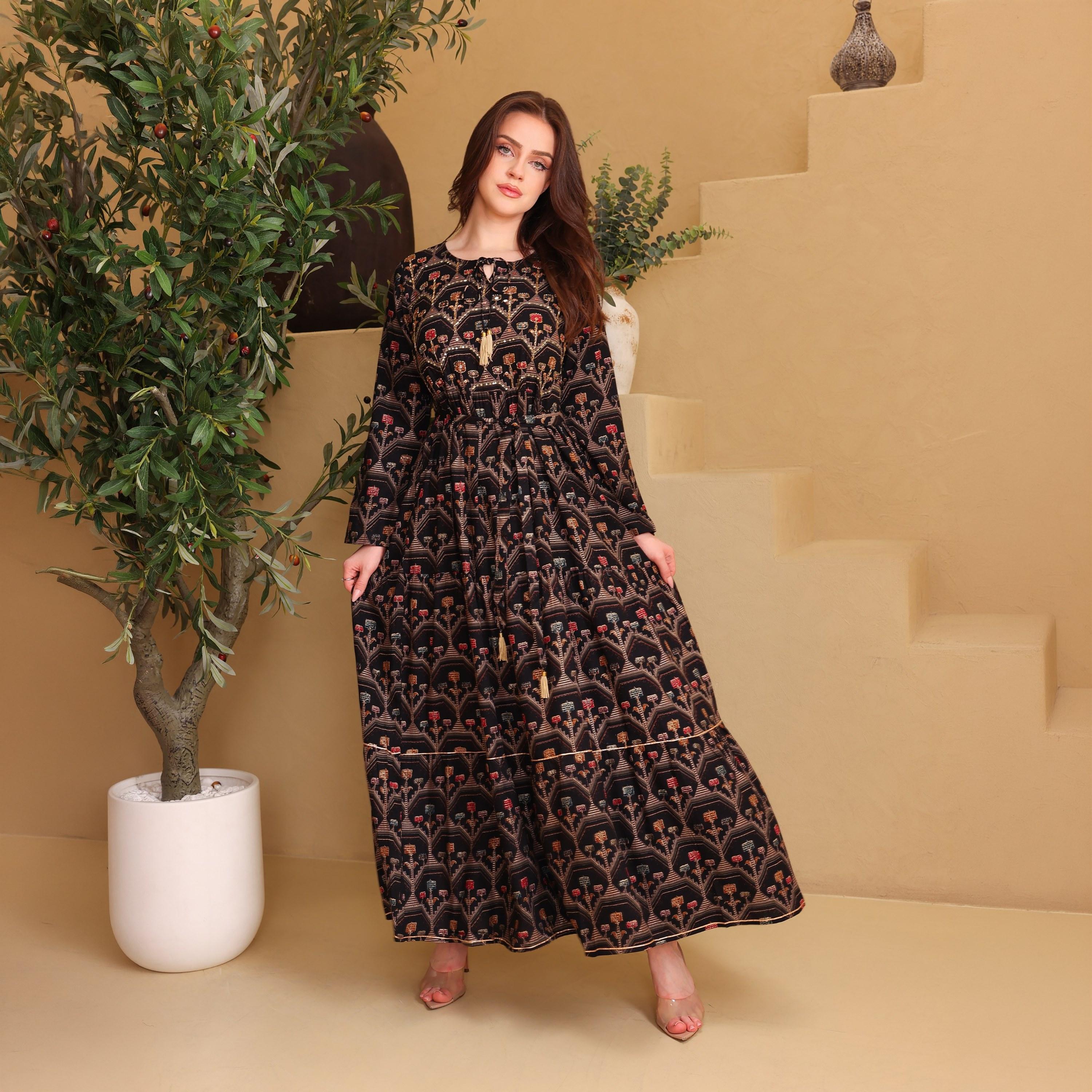 IKKXA Geometric Print & Beaded Women's Fit and Flared Jalabiya-women-arabicclothing-jalabiyas-image-1