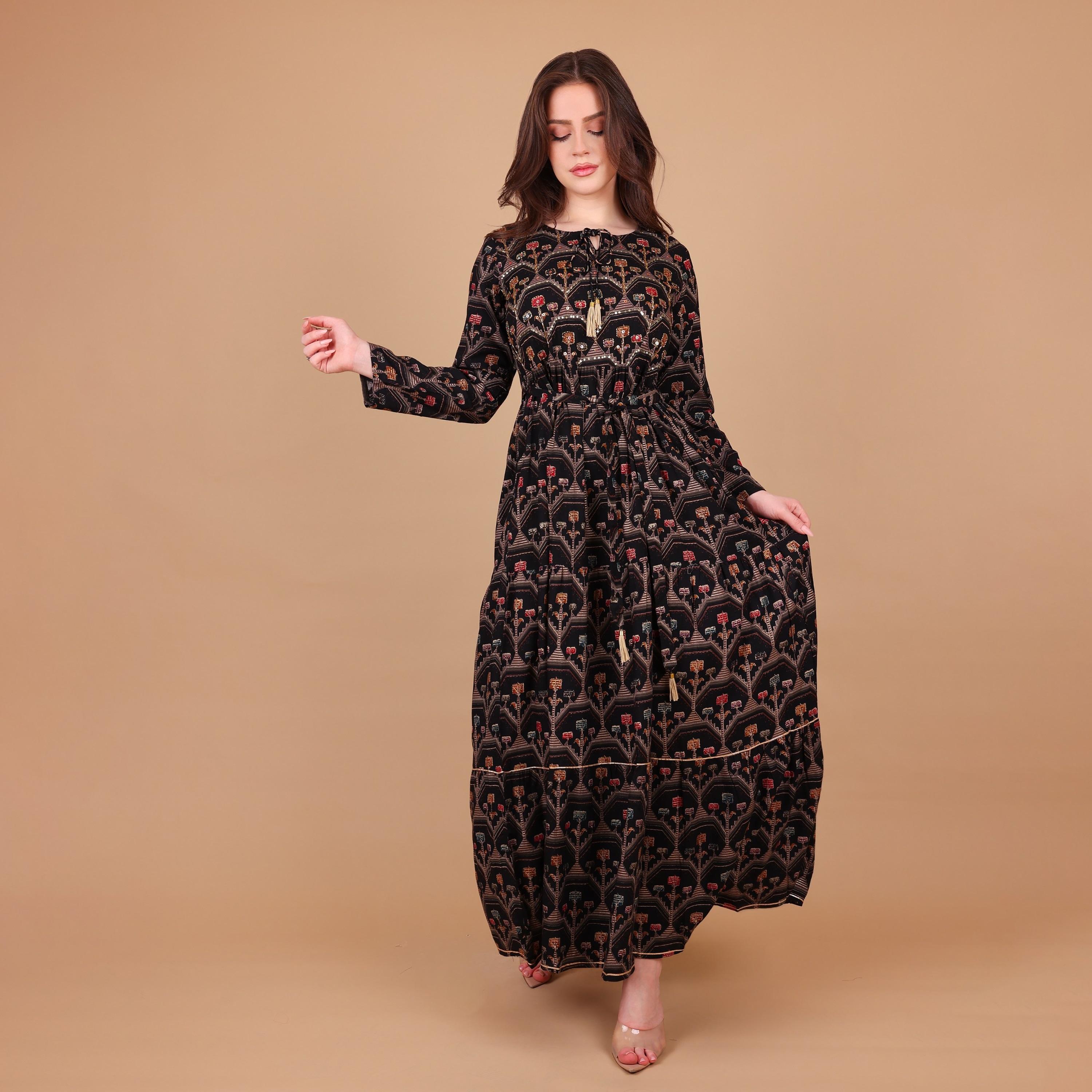 IKKXA Geometric Print & Beaded Women's Fit and Flared Jalabiya-women-arabicclothing-jalabiyas-image-2