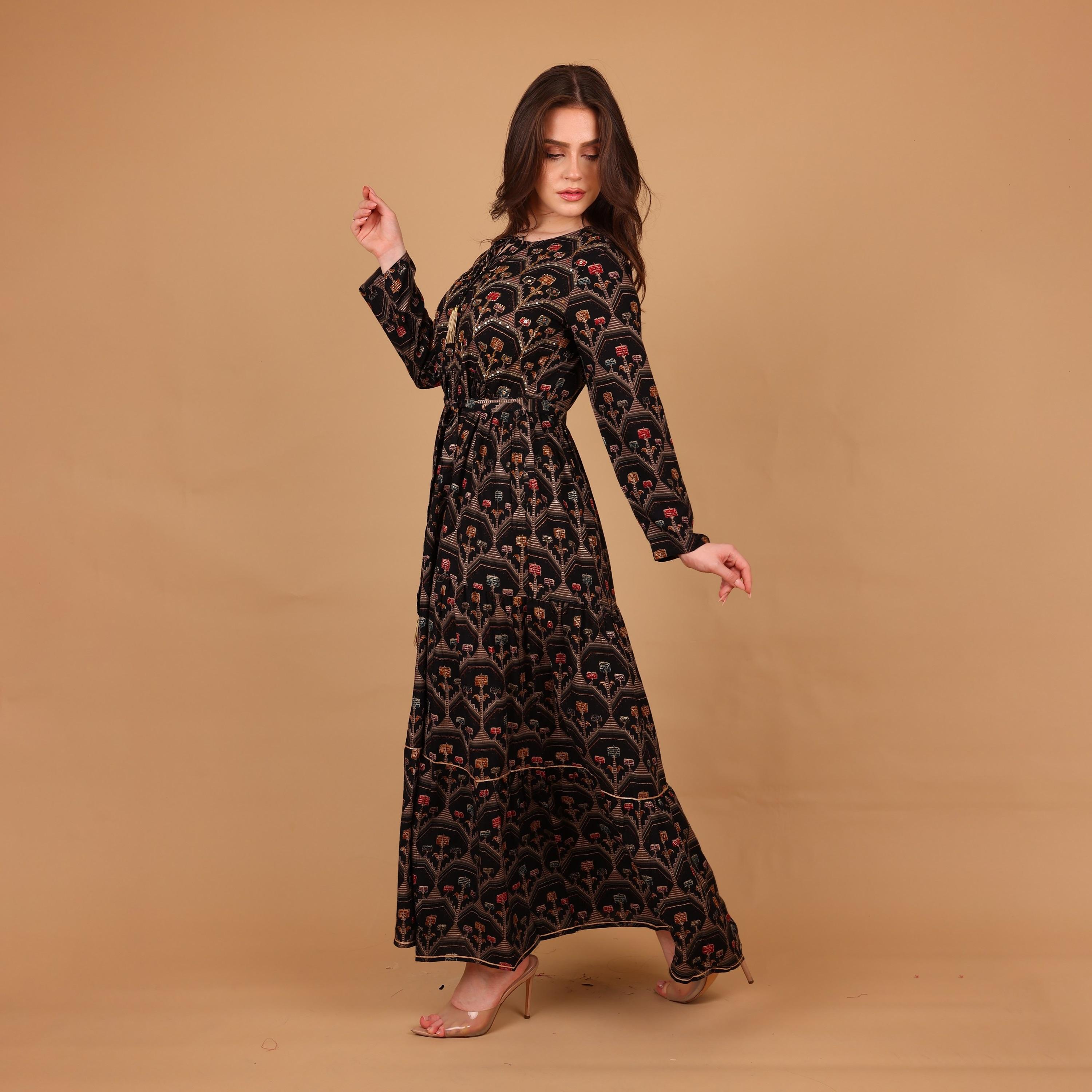 IKKXA Geometric Print & Beaded Women's Fit and Flared Jalabiya-women-arabicclothing-jalabiyas-image-4