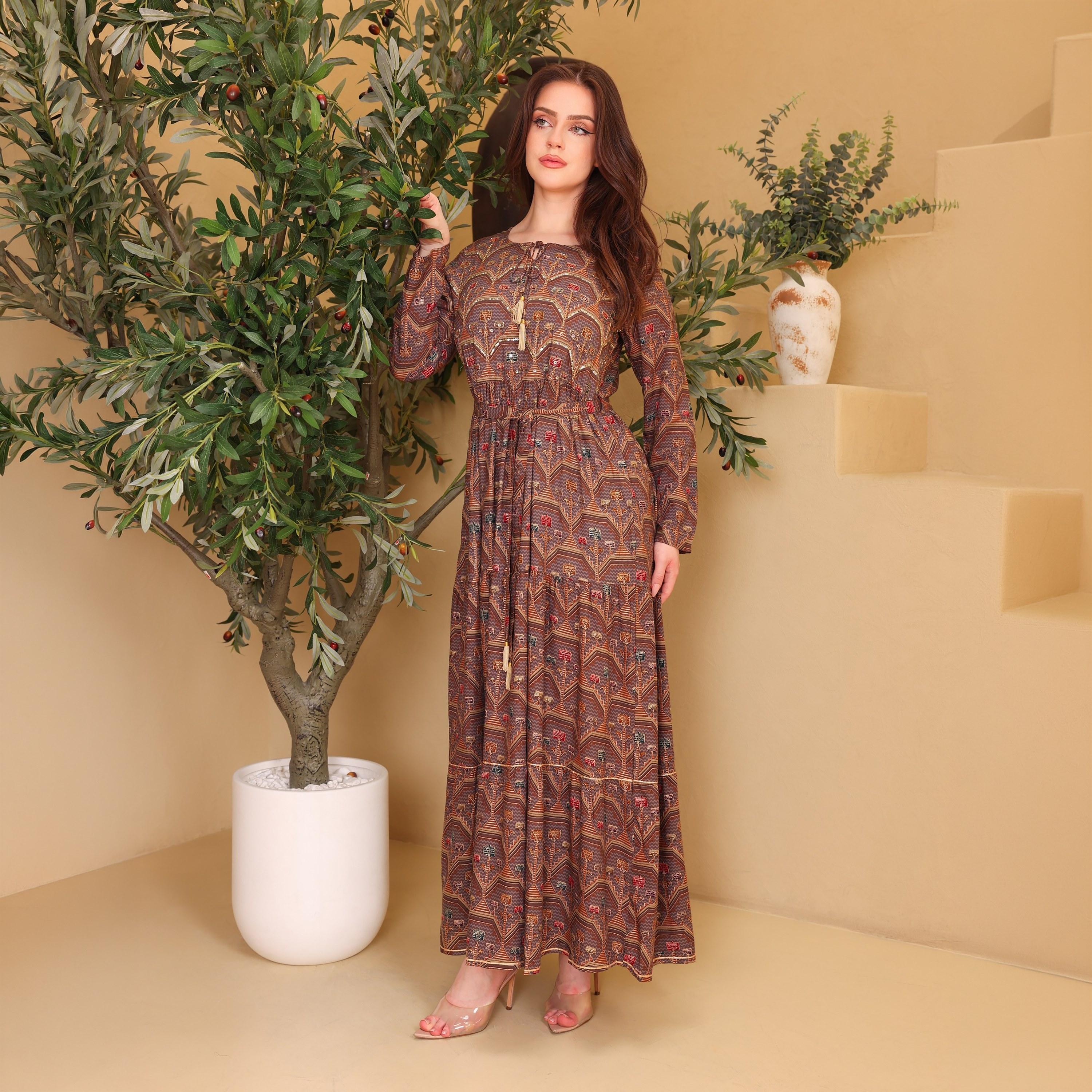 IKKXA Geometric Print & Beaded Women's Fit and Flared Jalabiya-women-arabicclothing-jalabiyas-image-1