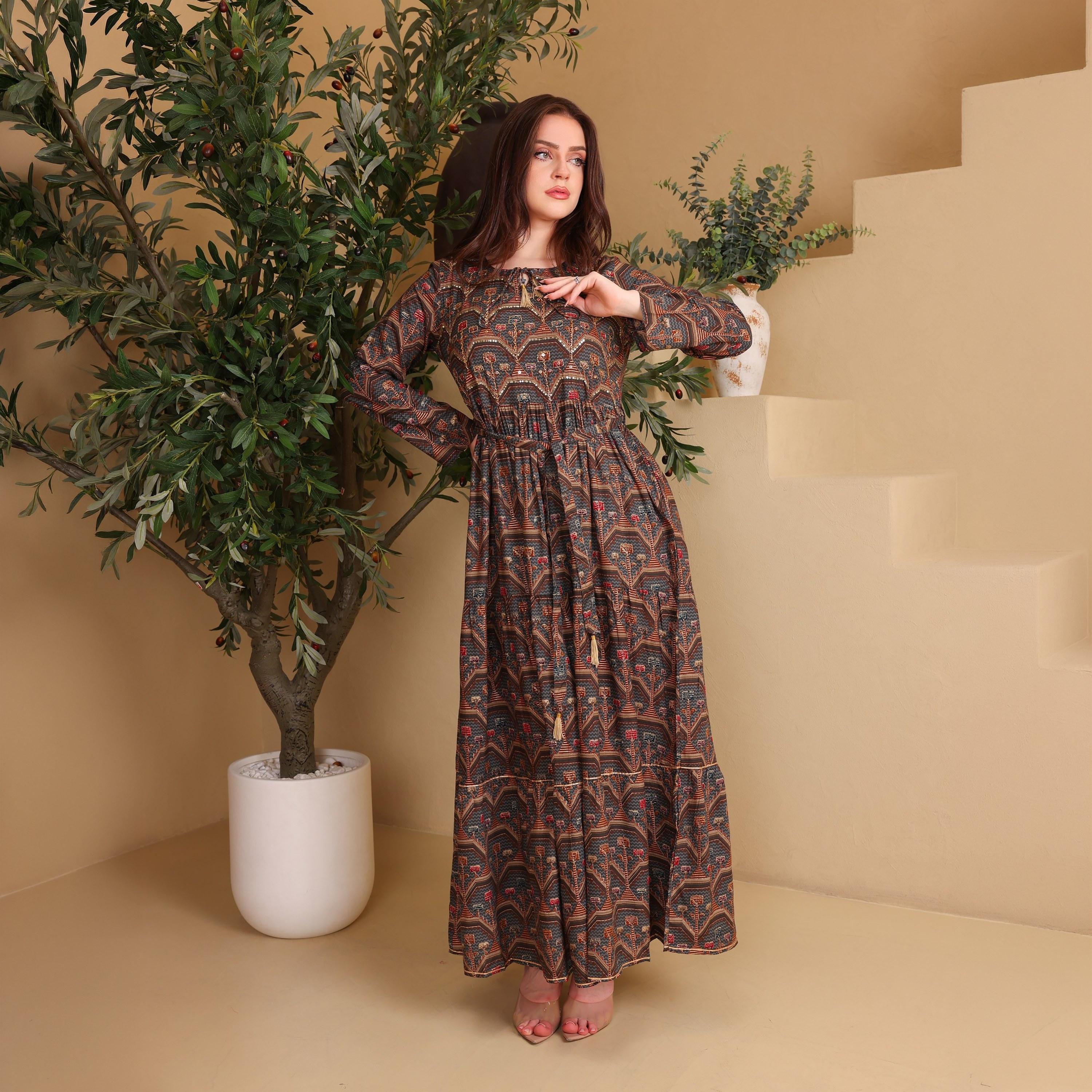 IKKXA Geometric Print & Beaded Women's Fit and Flared Jalabiya-women-arabicclothing-jalabiyas-image-1