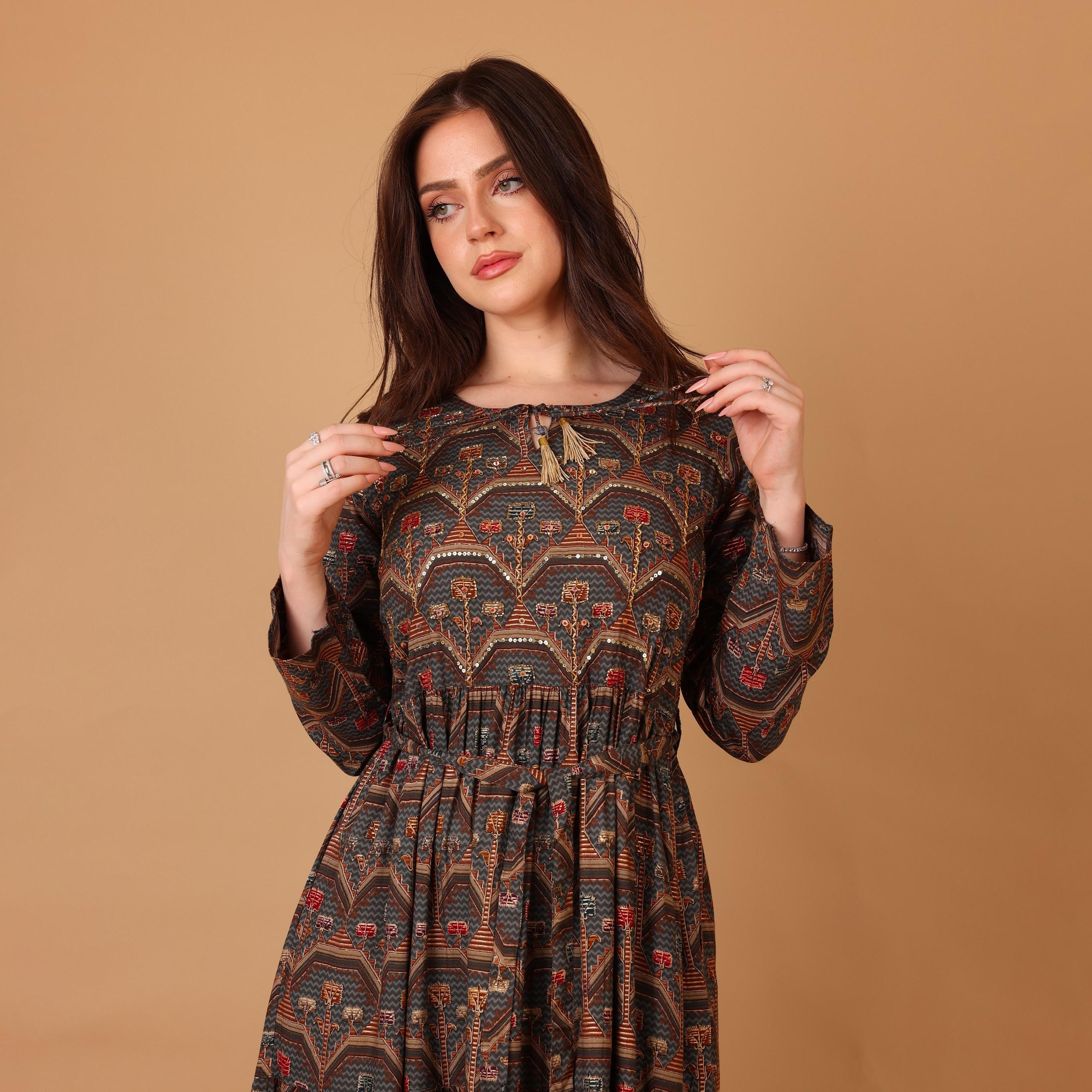 IKKXA Geometric Print & Beaded Women's Fit and Flared Jalabiya-women-arabicclothing-jalabiyas-image-2