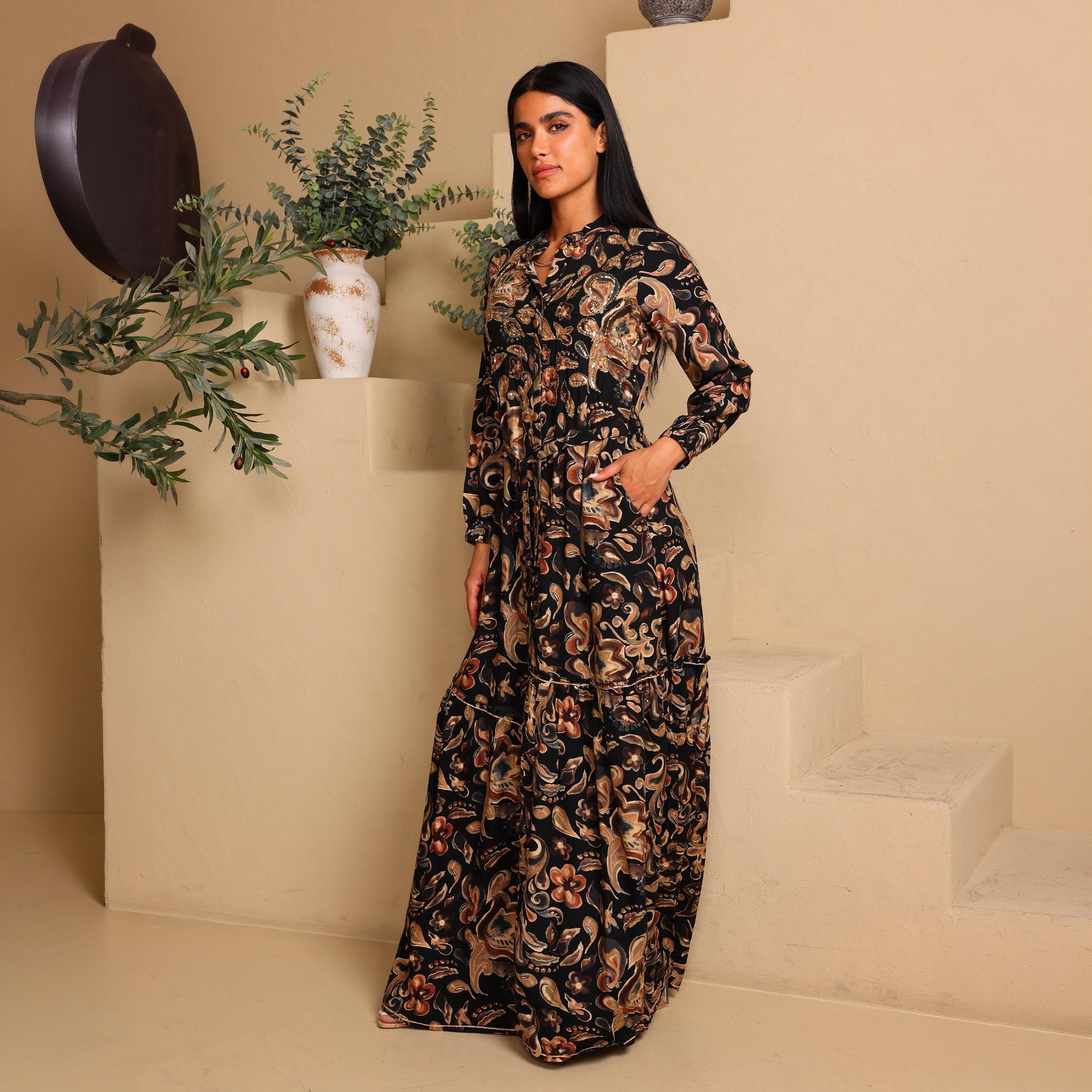 جلابية نسائية واسعة ومجسمة (فت آند فلير) بياقة ماندارين ونقوش زهور من إيككسا-women-arabicclothing-jalabiyas-image-1