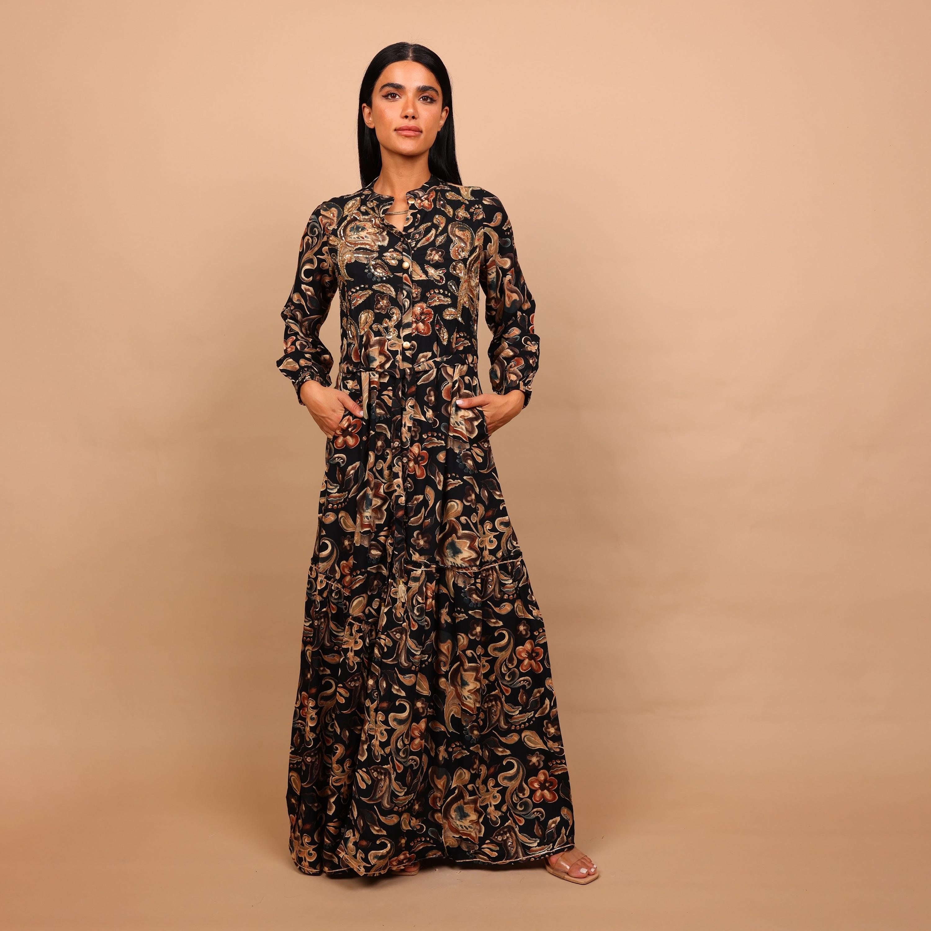جلابية نسائية واسعة ومجسمة (فت آند فلير) بياقة ماندارين ونقوش زهور من إيككسا-women-arabicclothing-jalabiyas-image-2