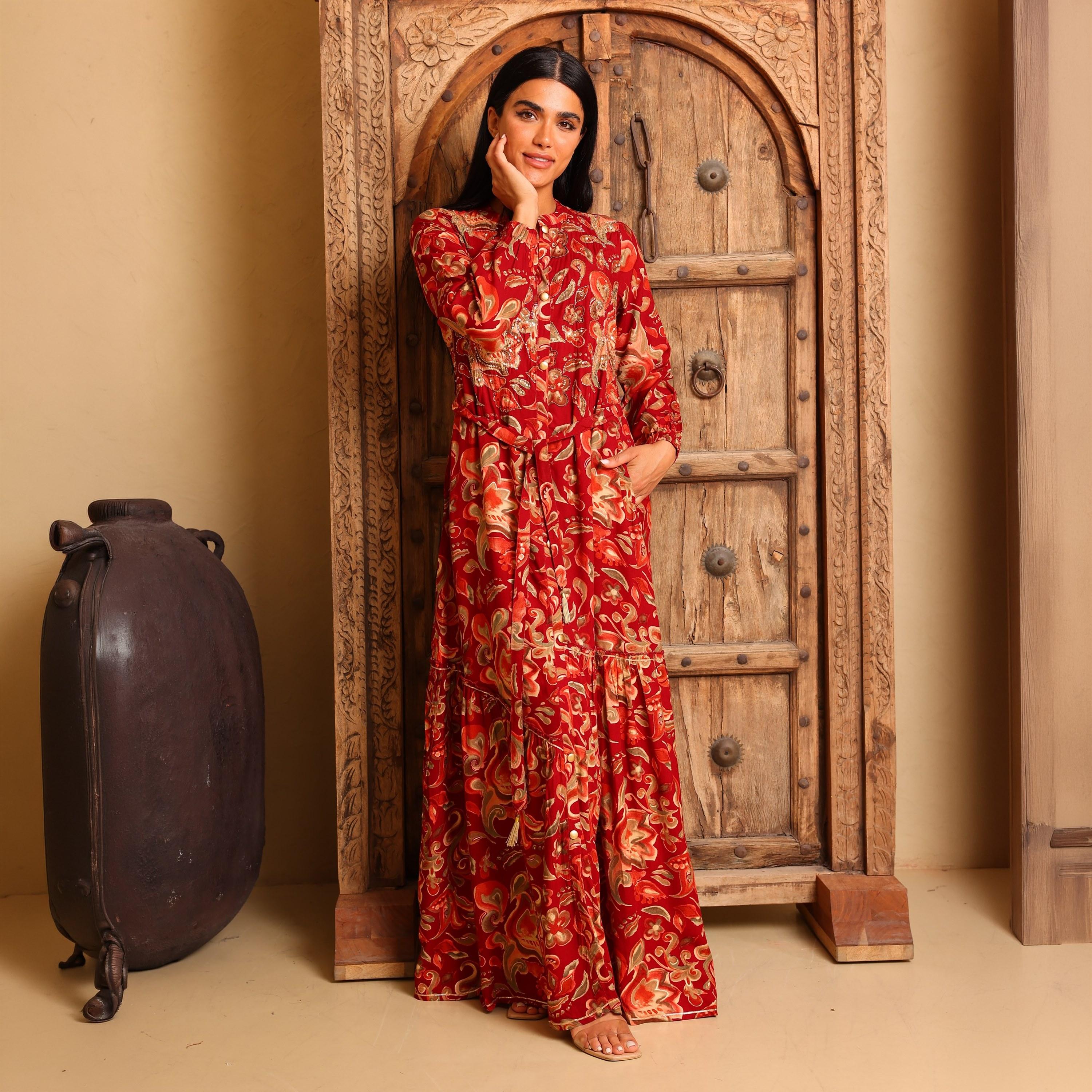 جلابية نسائية واسعة ومجسمة (فت آند فلير) بياقة ماندارين ونقوش زهور من إيككسا-women-arabicclothing-jalabiyas-image-6
