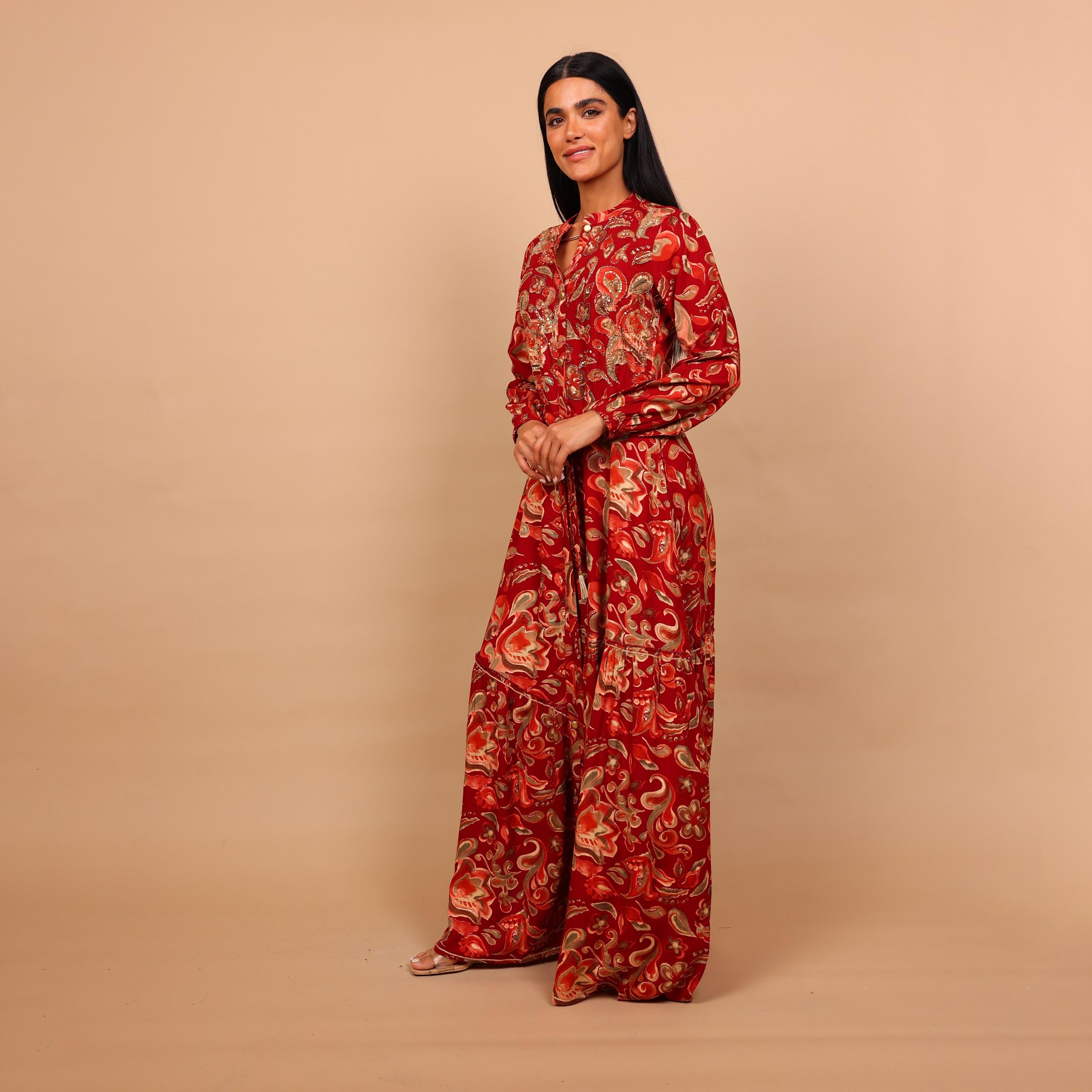 جلابية نسائية واسعة ومجسمة (فت آند فلير) بياقة ماندارين ونقوش زهور من إيككسا-women-arabicclothing-jalabiyas-image-7