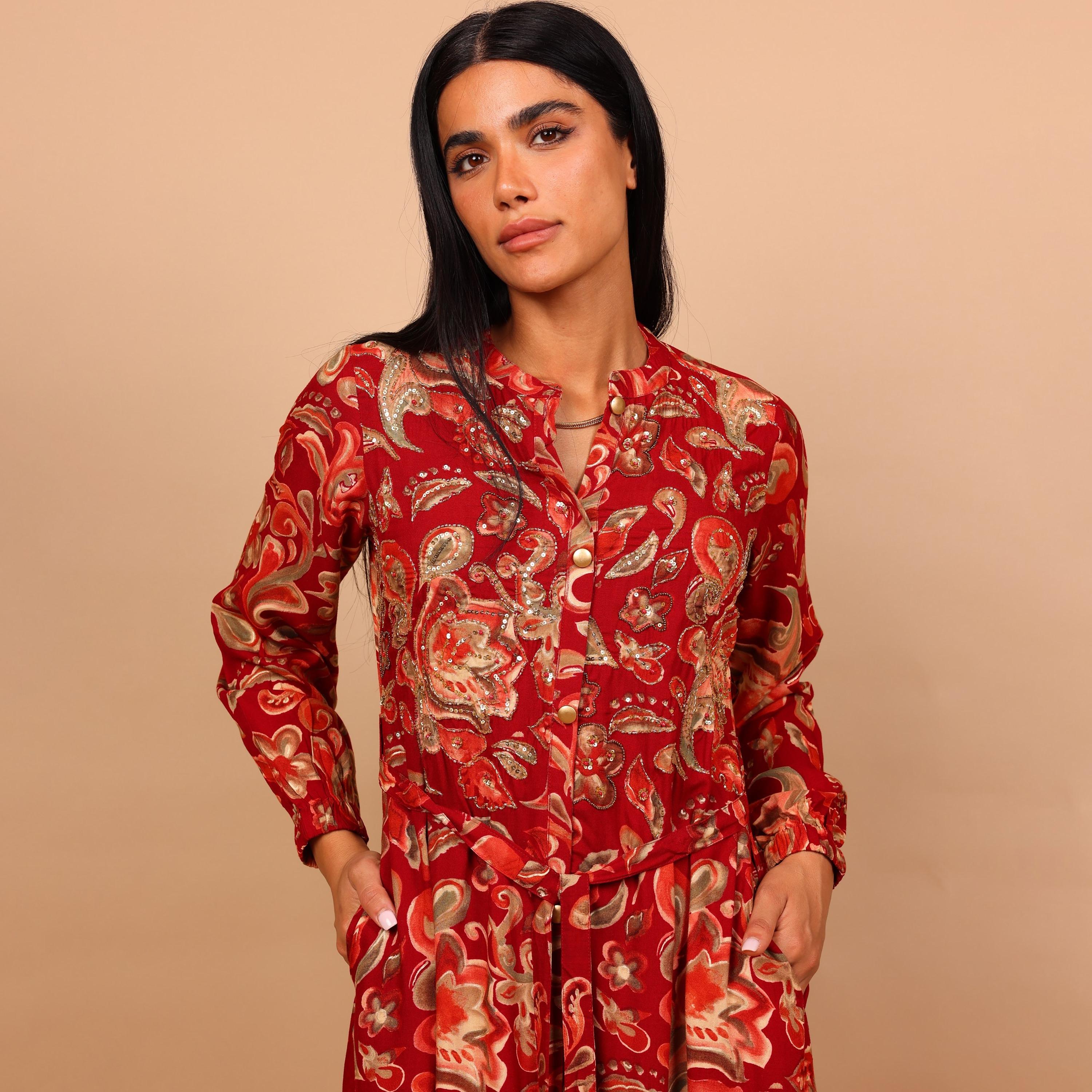 جلابية نسائية واسعة ومجسمة (فت آند فلير) بياقة ماندارين ونقوش زهور من إيككسا-women-arabicclothing-jalabiyas-image-8