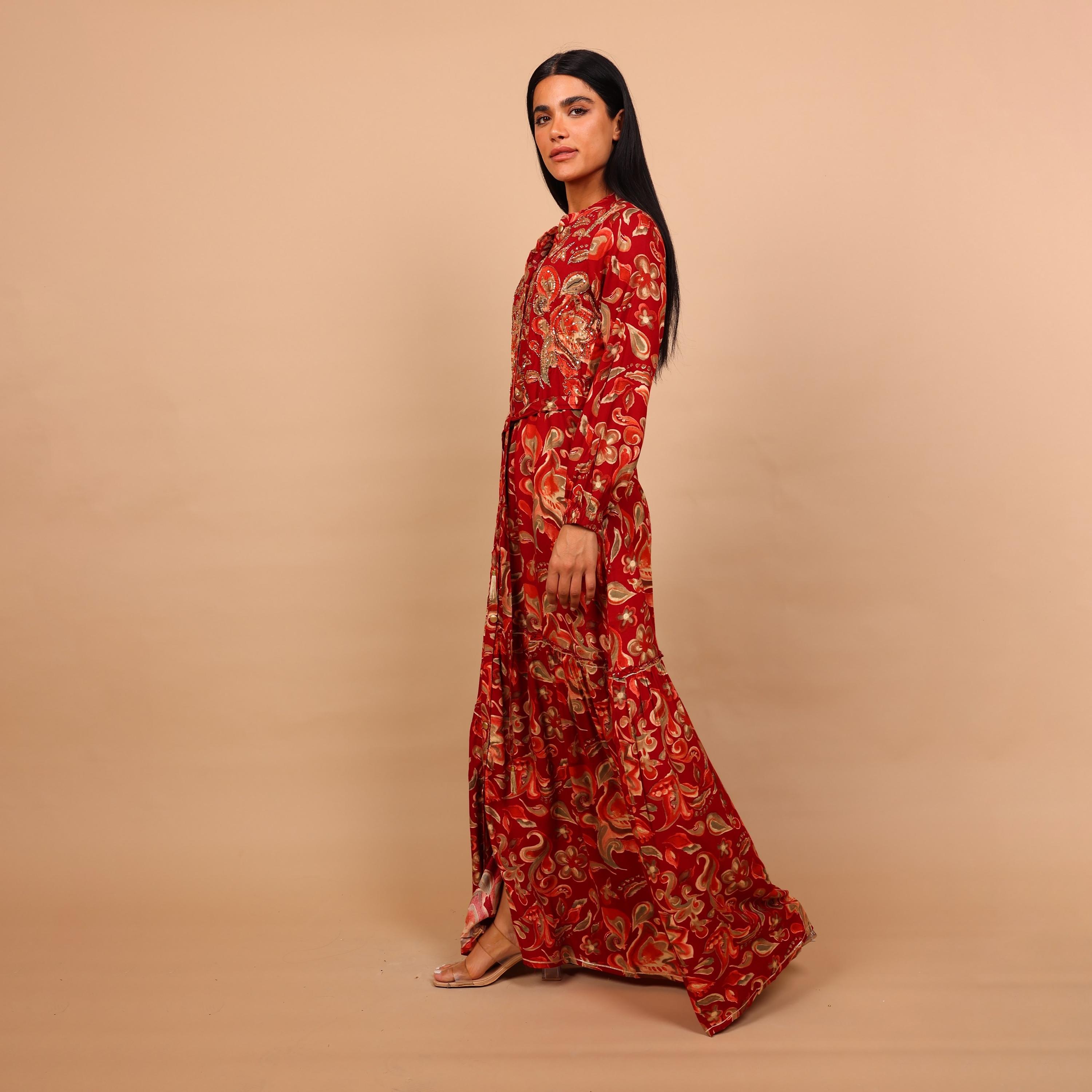 جلابية نسائية واسعة ومجسمة (فت آند فلير) بياقة ماندارين ونقوش زهور من إيككسا-women-arabicclothing-jalabiyas-image-9
