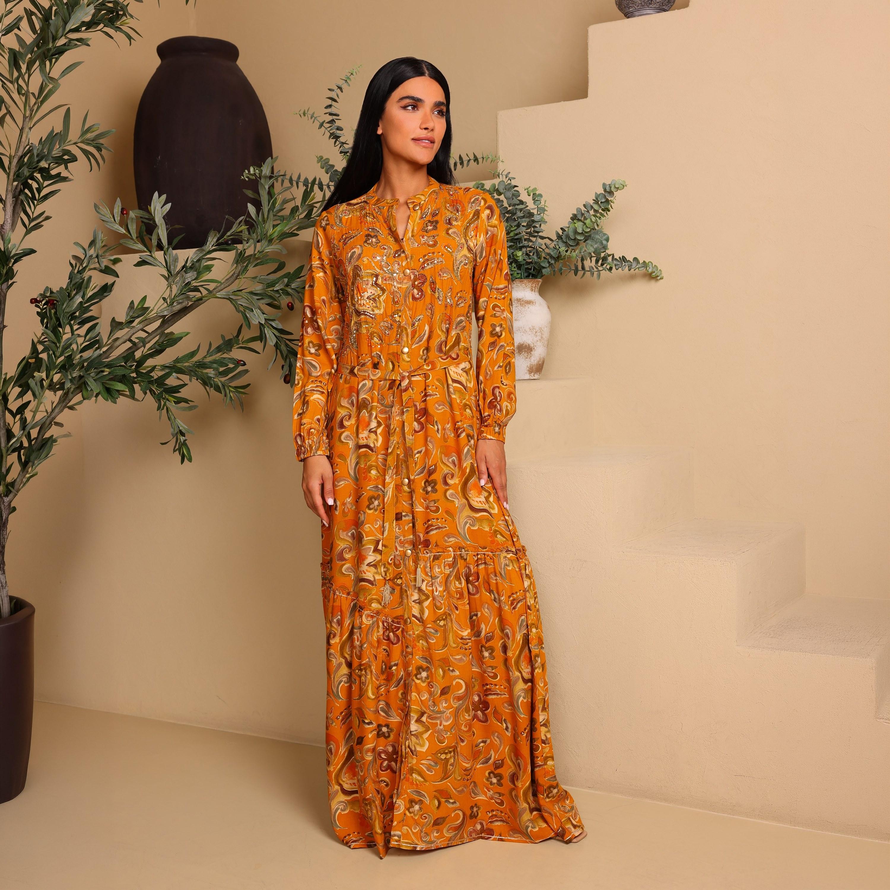جلابية نسائية واسعة ومجسمة (فت آند فلير) بياقة ماندارين ونقوش زهور من إيككسا-women-arabicclothing-jalabiyas-image-11
