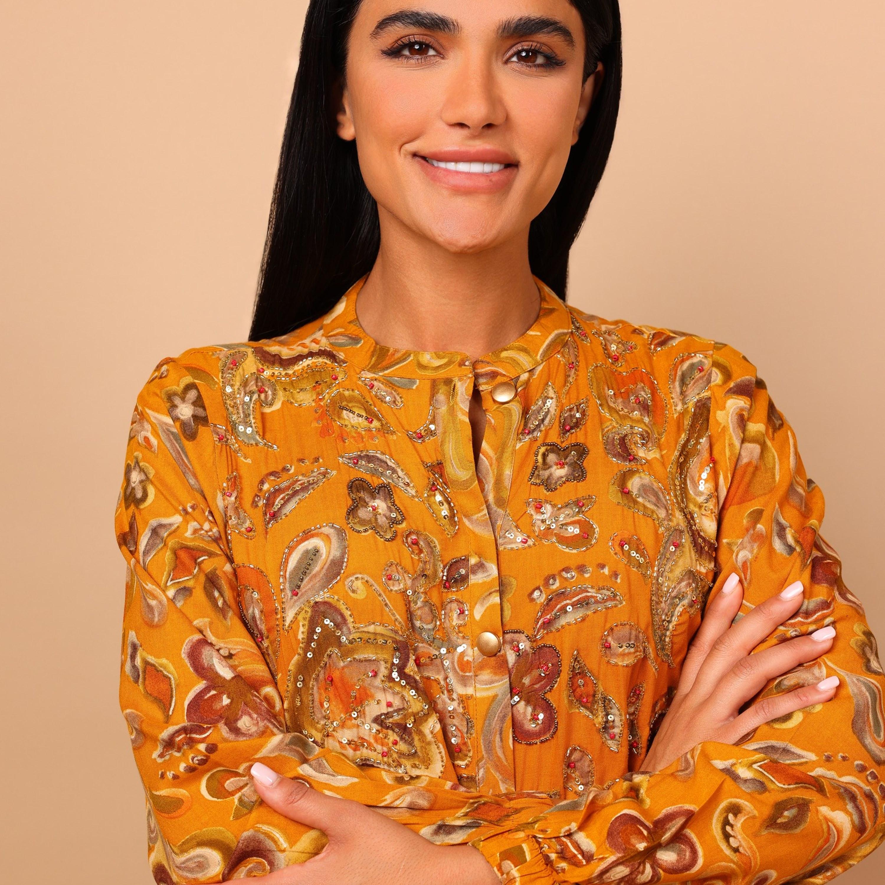 جلابية نسائية واسعة ومجسمة (فت آند فلير) بياقة ماندارين ونقوش زهور من إيككسا-women-arabicclothing-jalabiyas-image-13