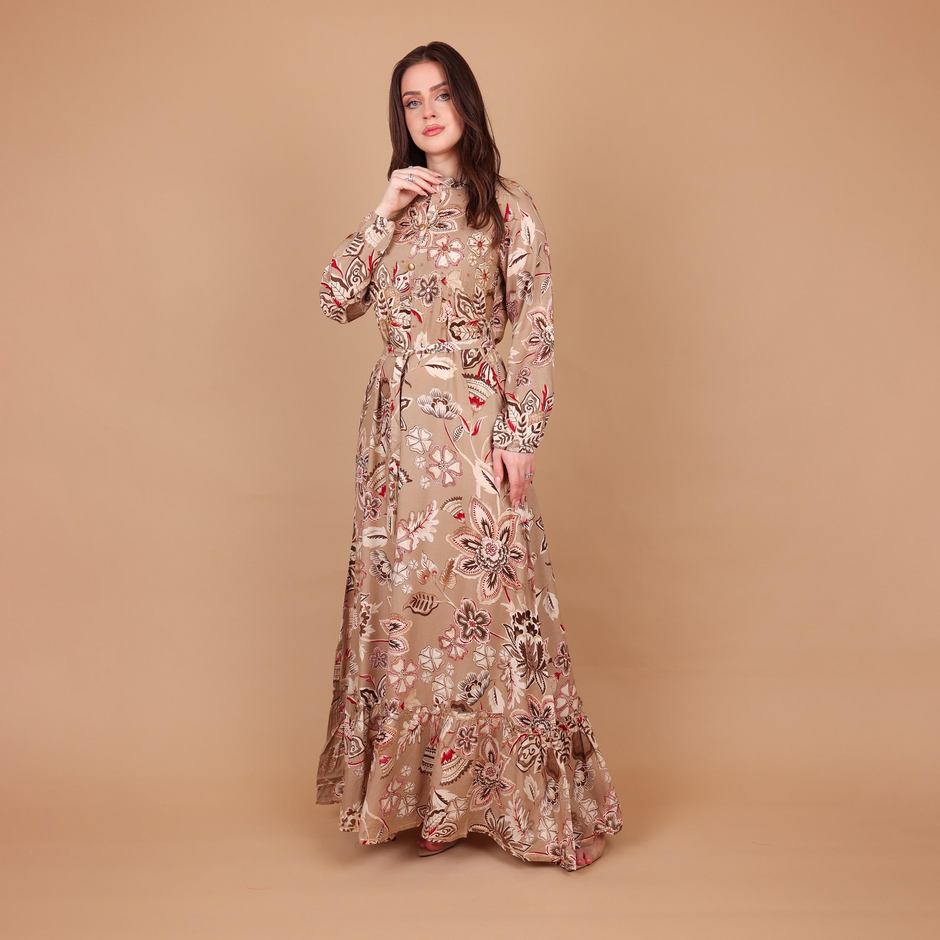 IKKXA Floral Print & Beaded Mandarin Collar Women's Tiered Jalabiya-women-arabicclothing-jalabiyas-image-2