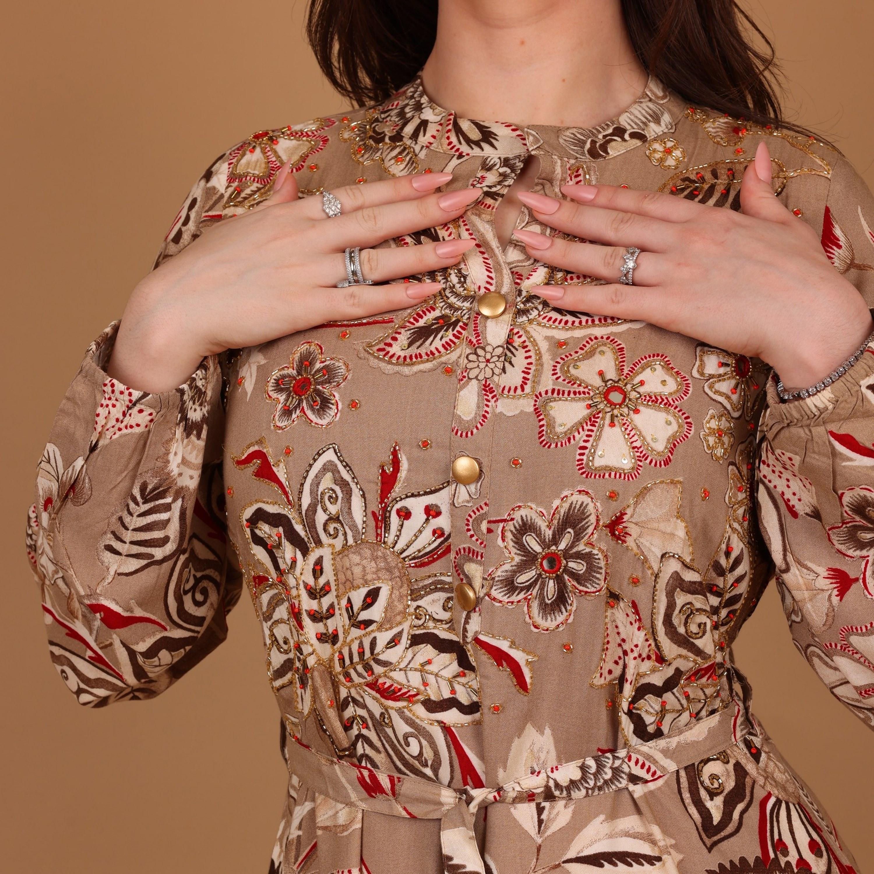 IKKXA Floral Print & Beaded Mandarin Collar Women's Tiered Jalabiya-women-arabicclothing-jalabiyas-image-3