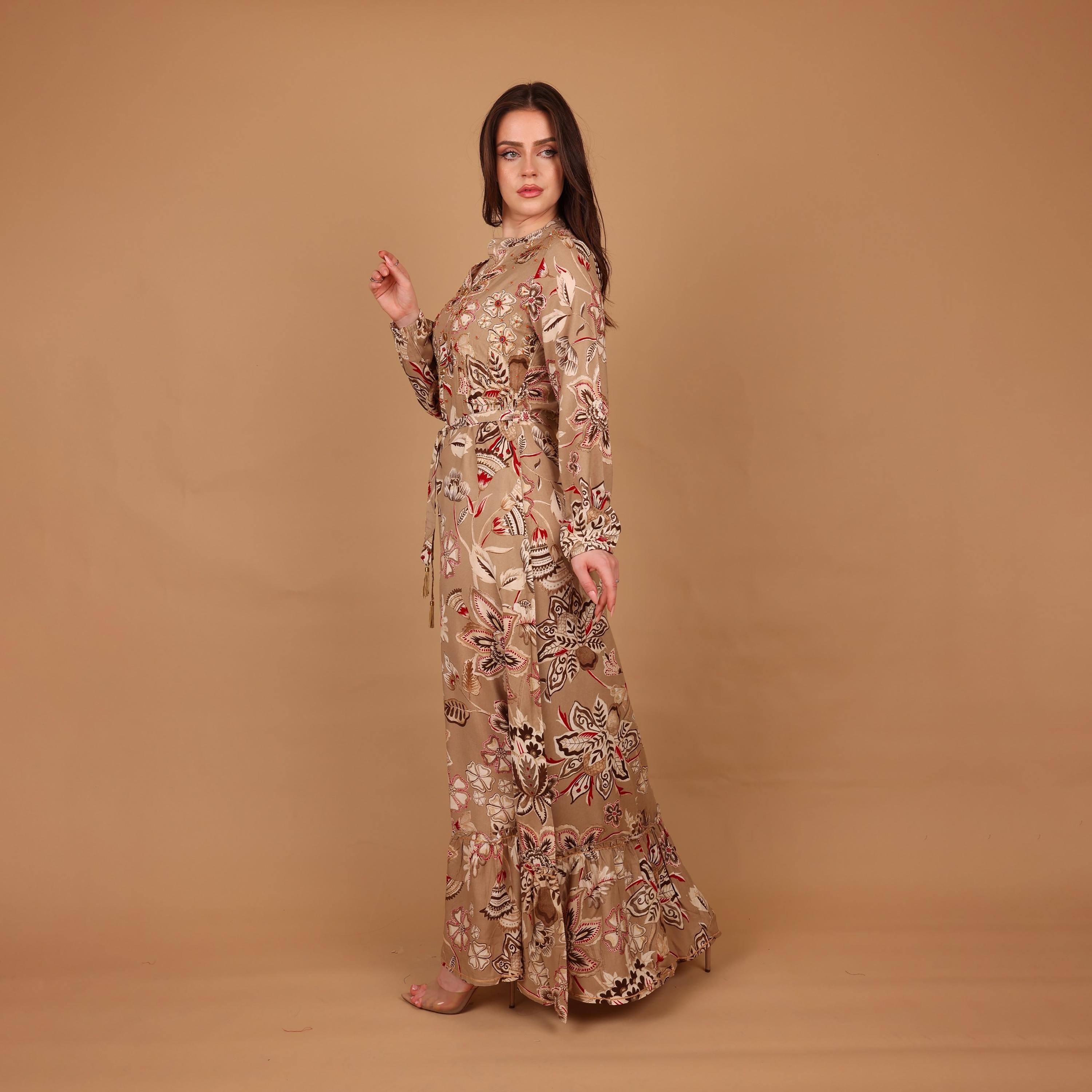 IKKXA Floral Print & Beaded Mandarin Collar Women's Tiered Jalabiya-women-arabicclothing-jalabiyas-image-4