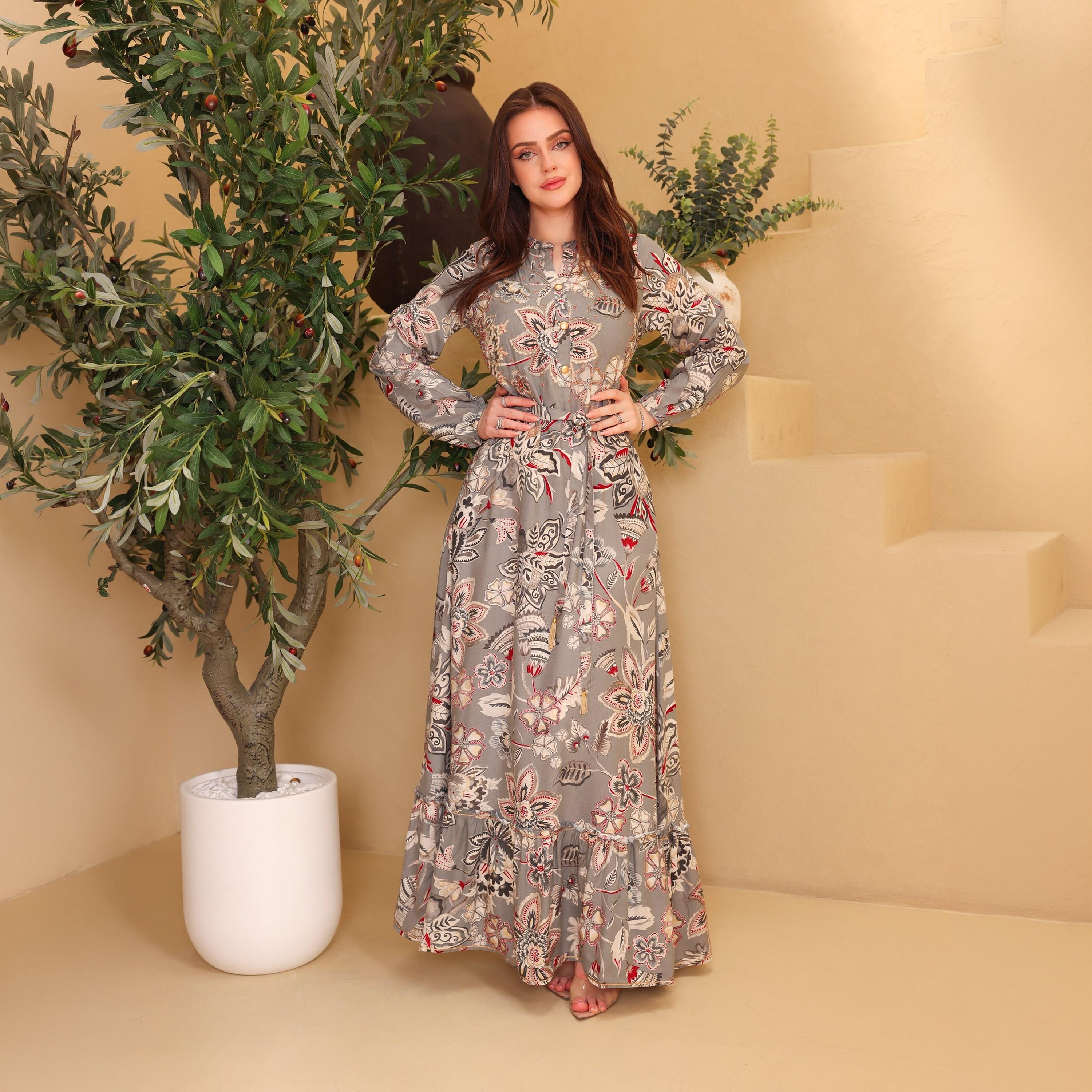 IKKXA Floral Print & Beaded Mandarin Collar Women's Tiered Jalabiya-women-arabicclothing-jalabiyas-image-1