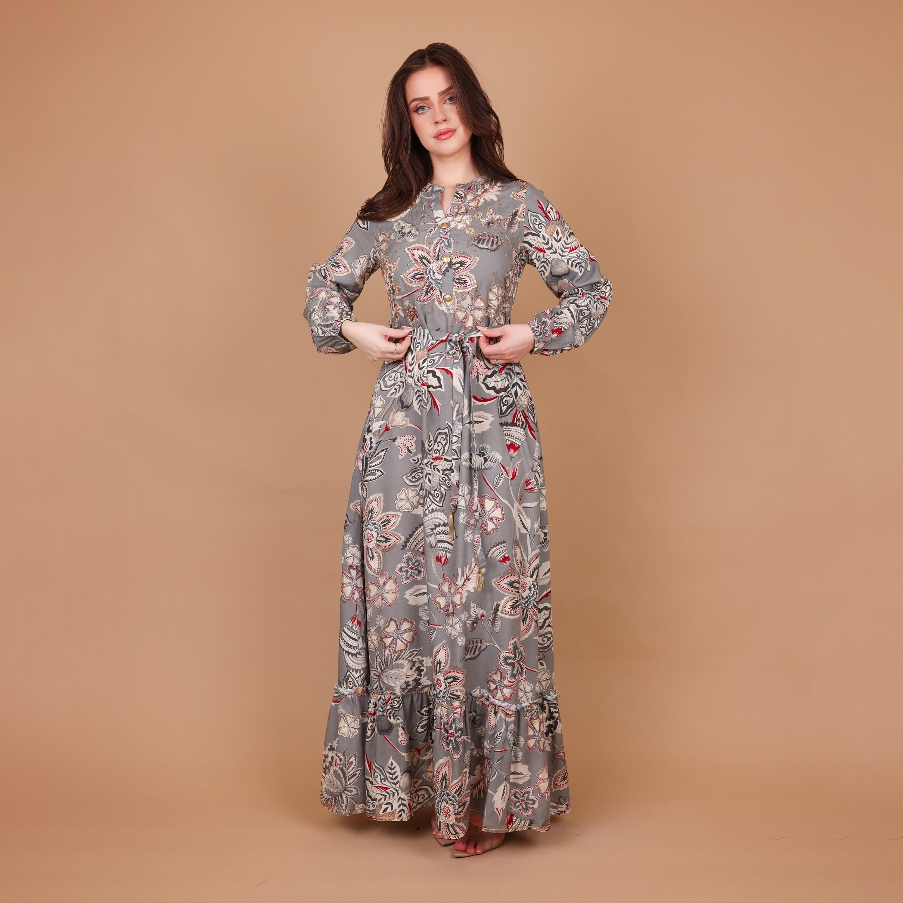 IKKXA Floral Print & Beaded Mandarin Collar Women's Tiered Jalabiya-women-arabicclothing-jalabiyas-image-2