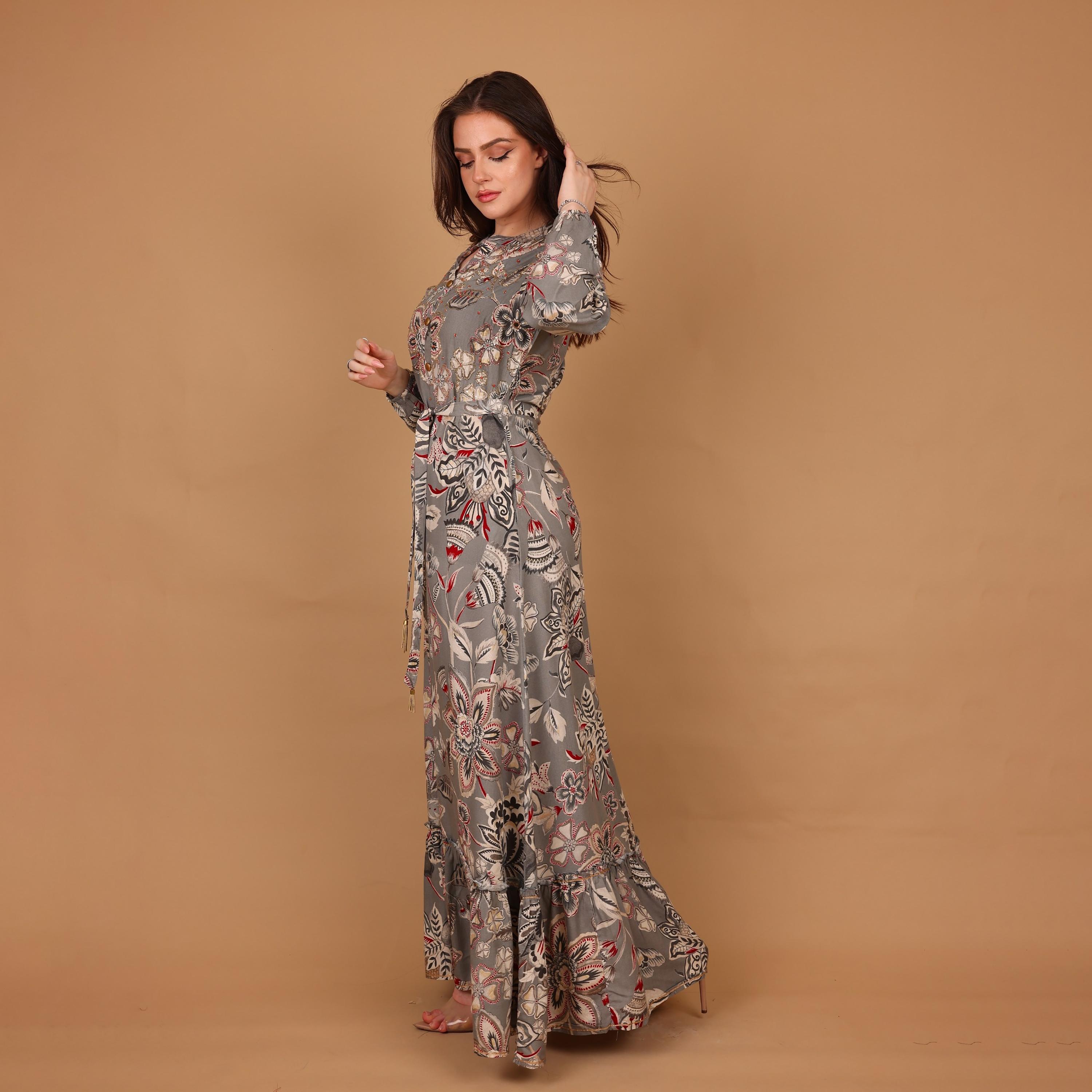 IKKXA Floral Print & Beaded Mandarin Collar Women's Tiered Jalabiya-women-arabicclothing-jalabiyas-image-4
