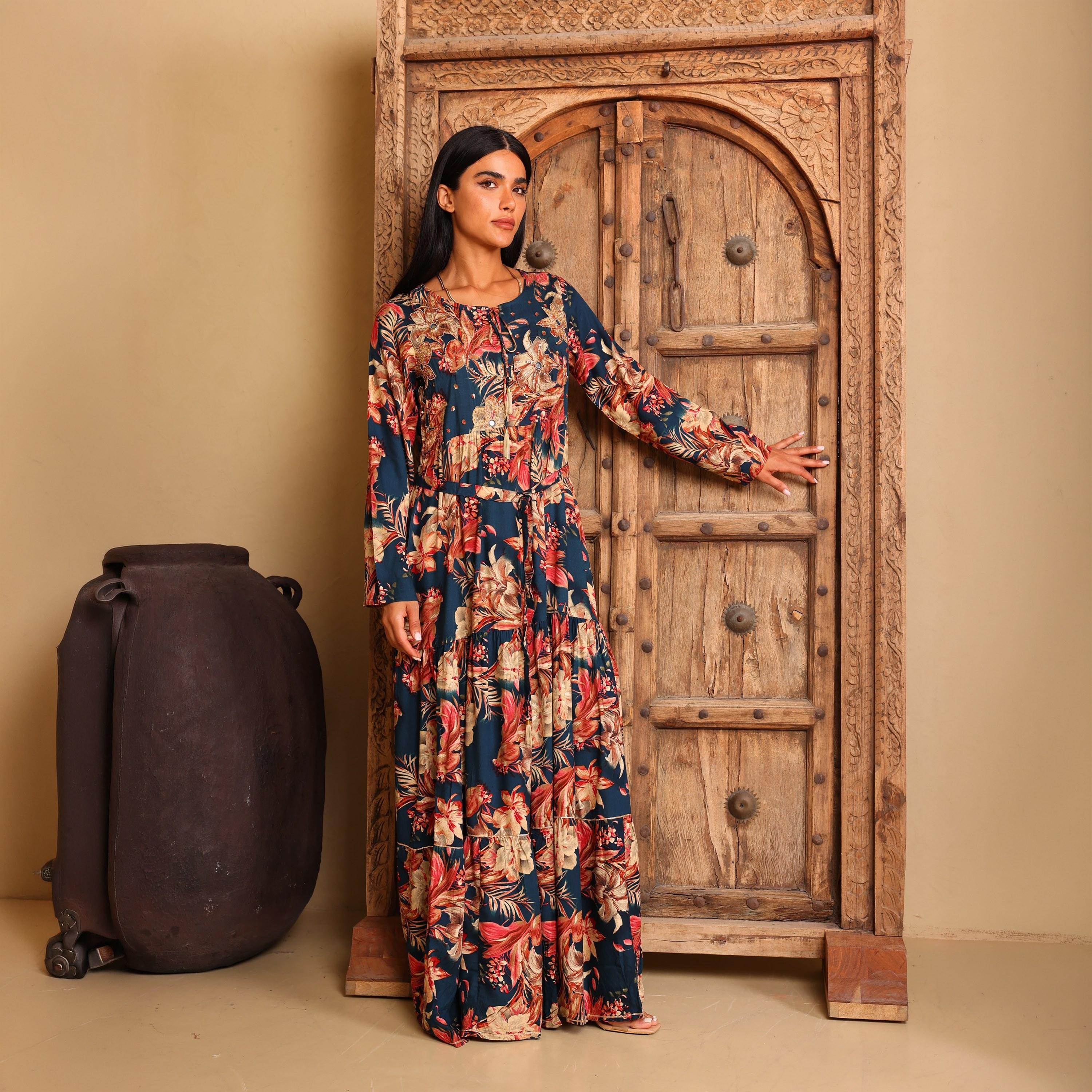 IKKXA Floral Print & Beaded Women's Fit and Flared Jalabiya-women-arabicclothing-jalabiyas-image-1