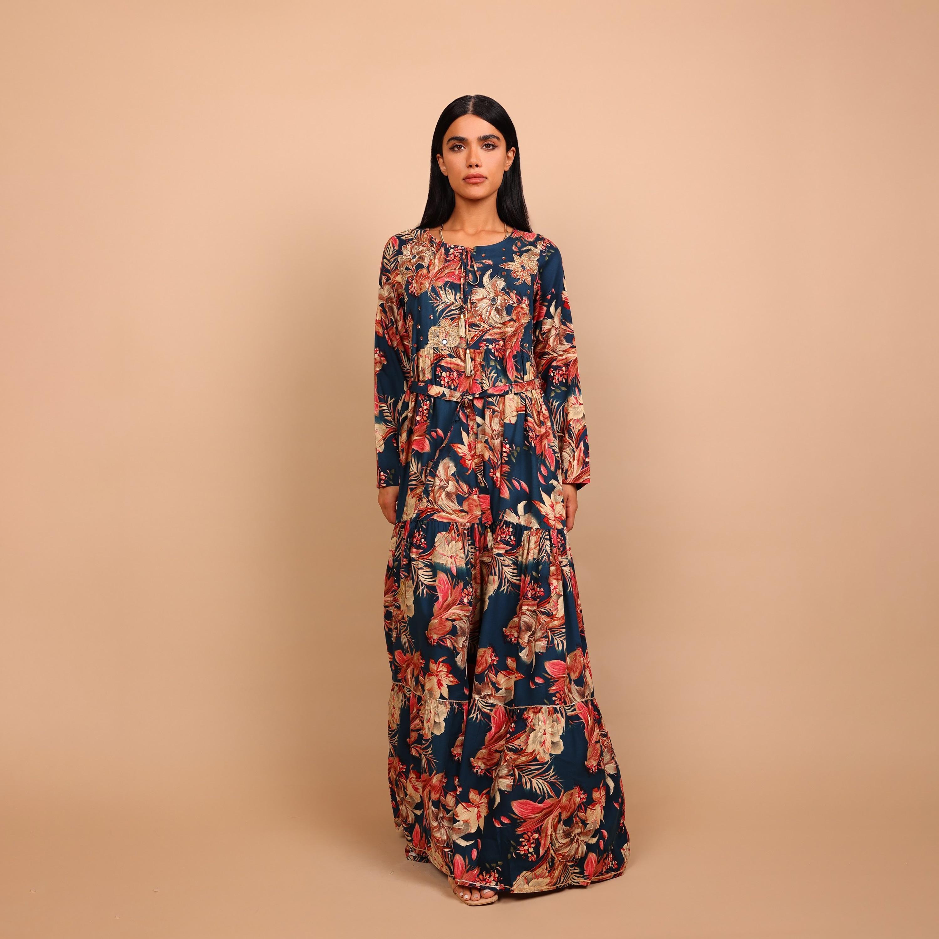IKKXA Floral Print & Beaded Women's Fit and Flared Jalabiya-women-arabicclothing-jalabiyas-image-2