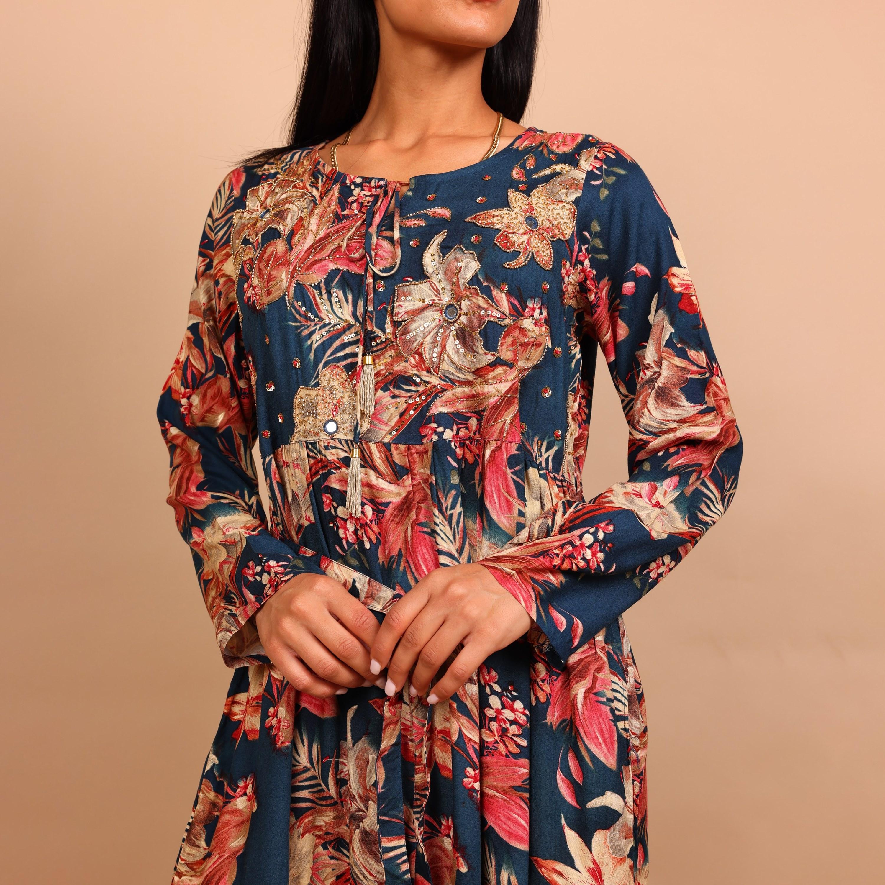 IKKXA Floral Print & Beaded Women's Fit and Flared Jalabiya-women-arabicclothing-jalabiyas-image-3
