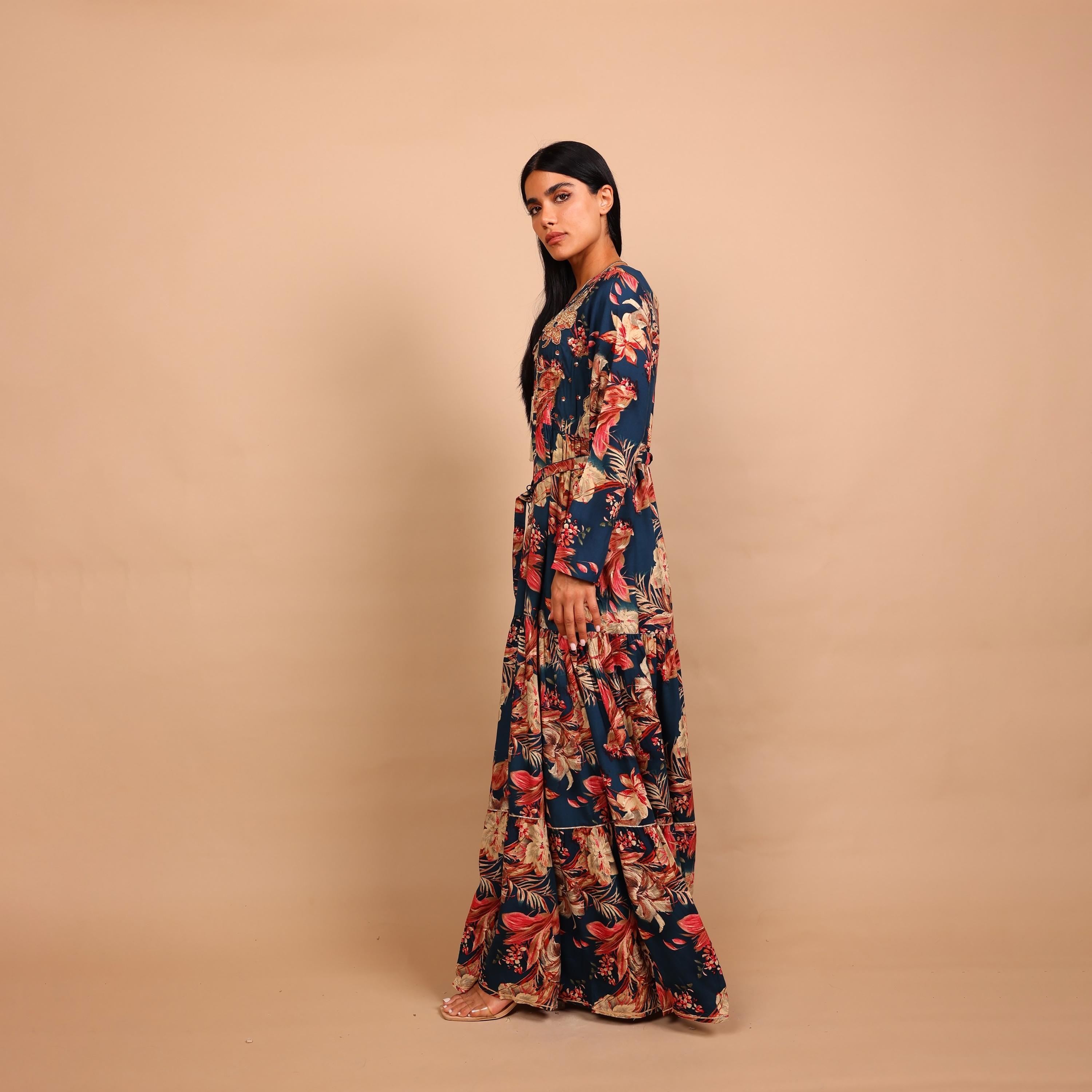 IKKXA Floral Print & Beaded Women's Fit and Flared Jalabiya-women-arabicclothing-jalabiyas-image-4