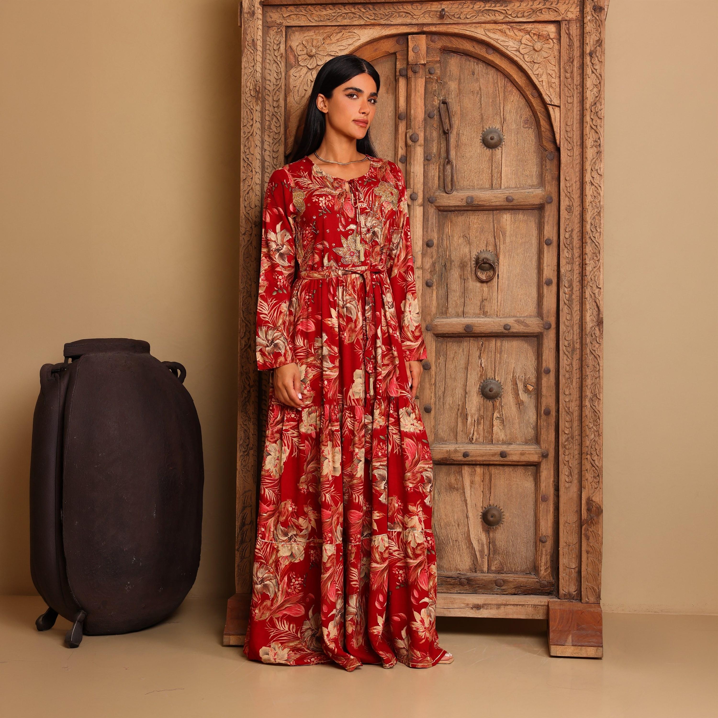IKKXA Floral Print & Beaded Women's Fit and Flared Jalabiya-women-arabicclothing-jalabiyas-image-1
