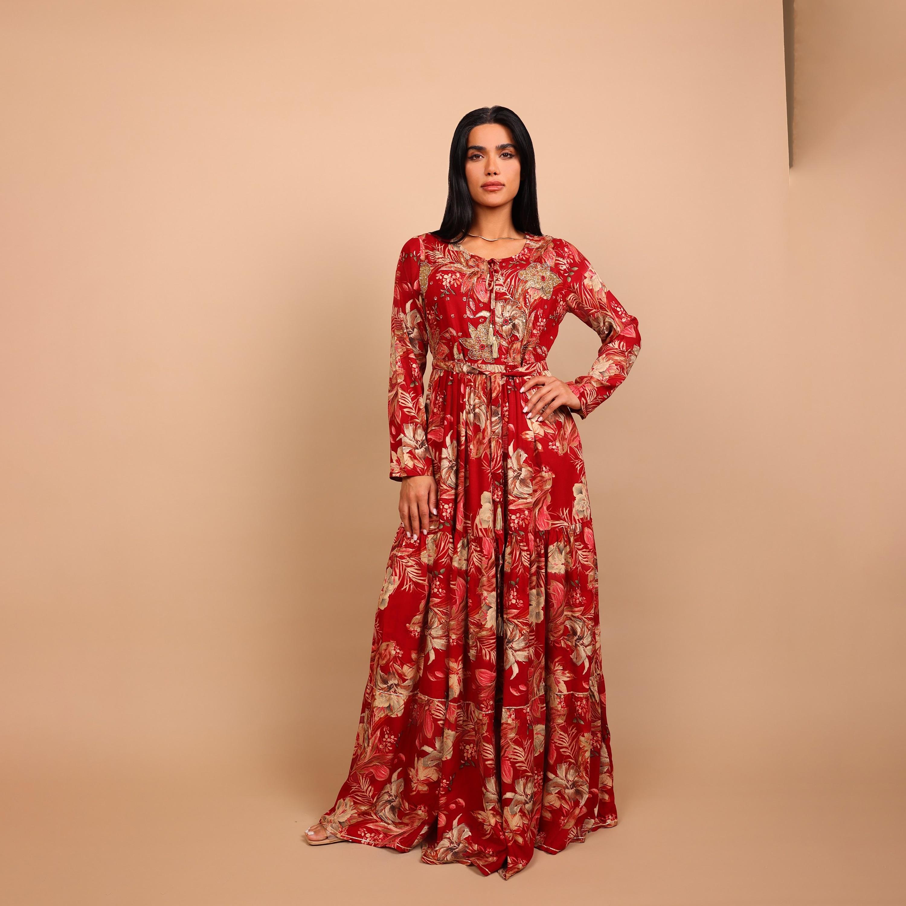 IKKXA Floral Print & Beaded Women's Fit and Flared Jalabiya-women-arabicclothing-jalabiyas-image-2