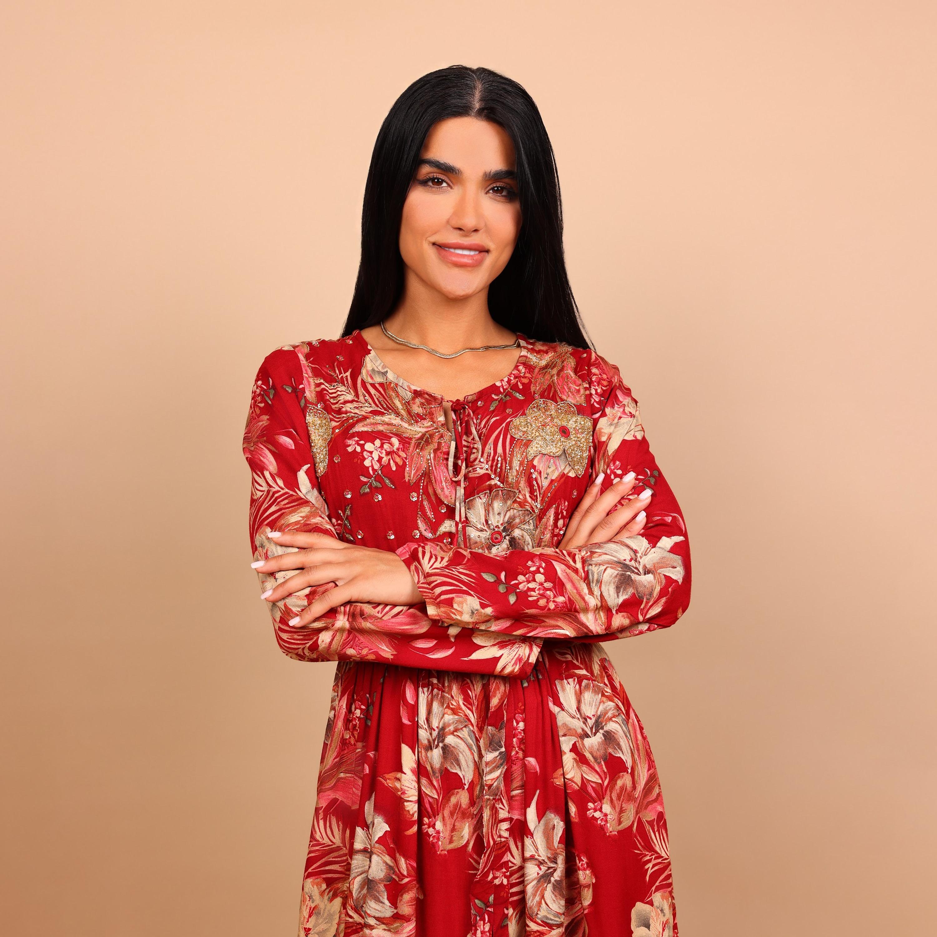 IKKXA Floral Print & Beaded Women's Fit and Flared Jalabiya-women-arabicclothing-jalabiyas-image-3