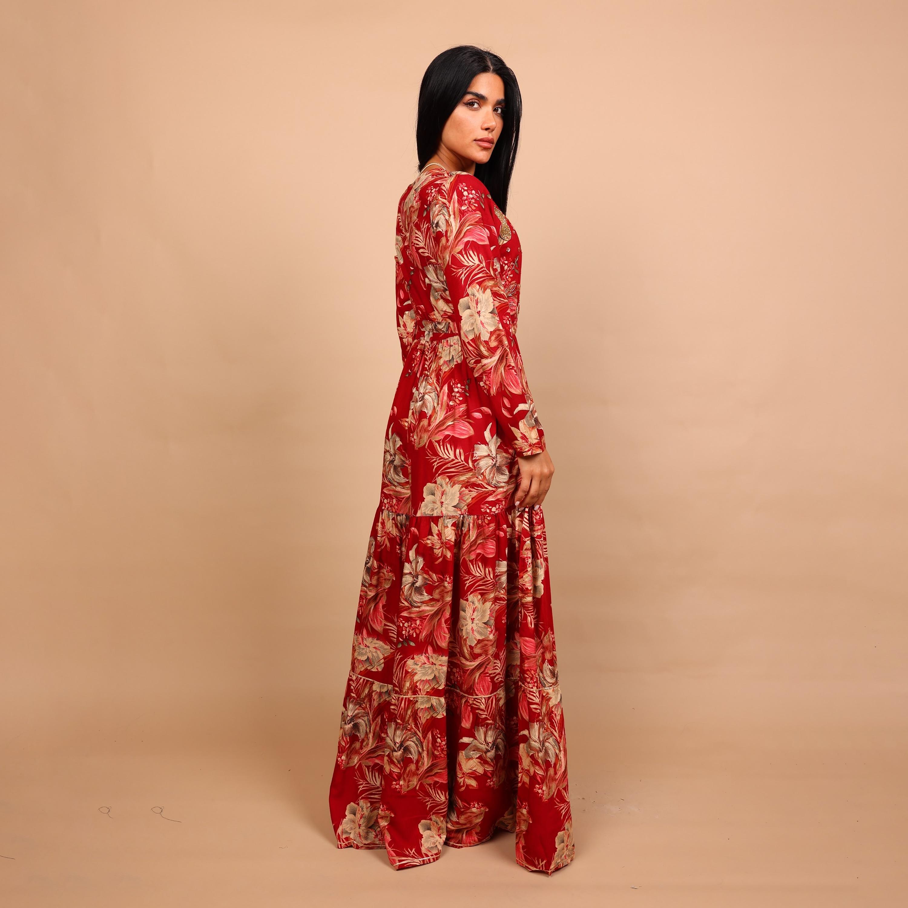 IKKXA Floral Print & Beaded Women's Fit and Flared Jalabiya-women-arabicclothing-jalabiyas-image-4