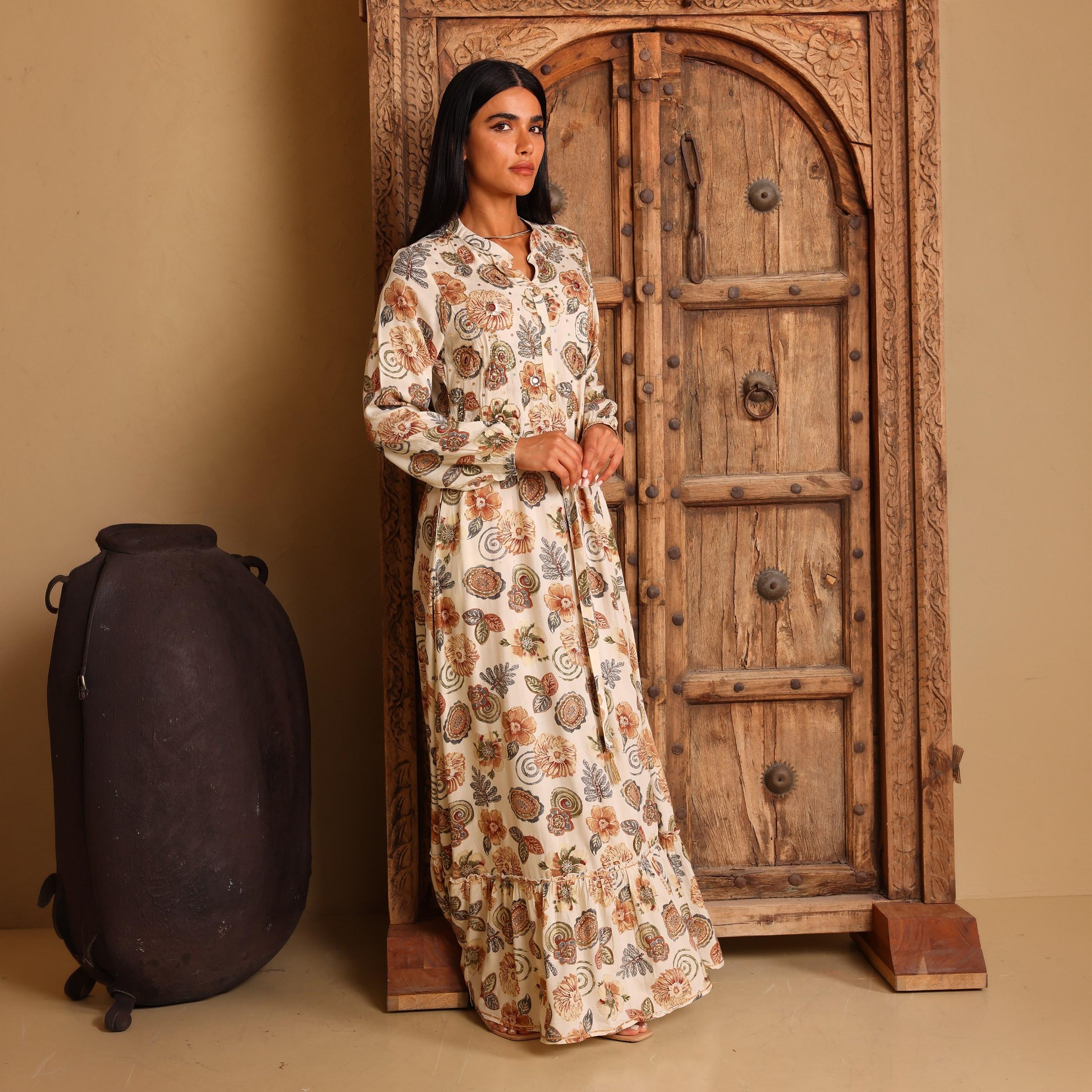 IKKXA Floral Print & Beaded Mandarin Collar Women's Fit and Flared Jalabiya-women-arabicclothing-jalabiyas-image-1