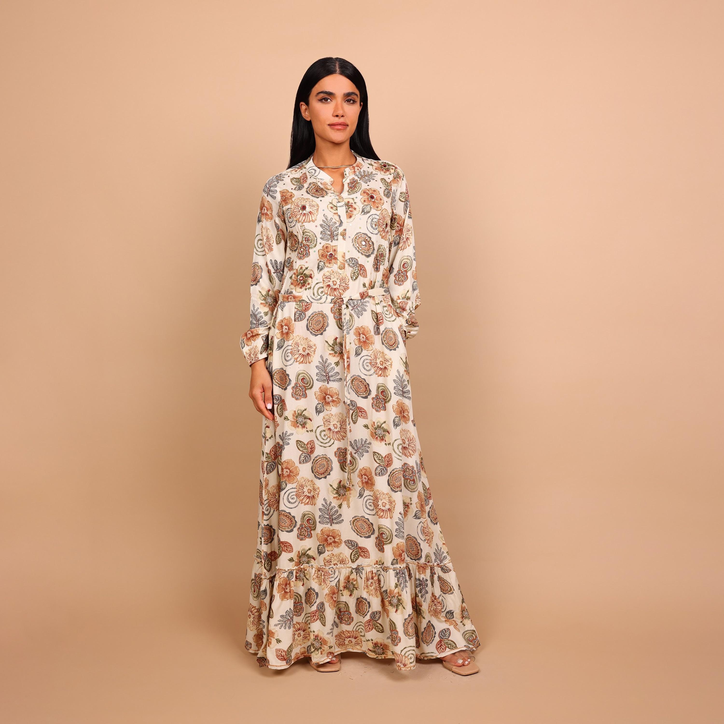 IKKXA Floral Print & Beaded Mandarin Collar Women's Fit and Flared Jalabiya-women-arabicclothing-jalabiyas-image-2