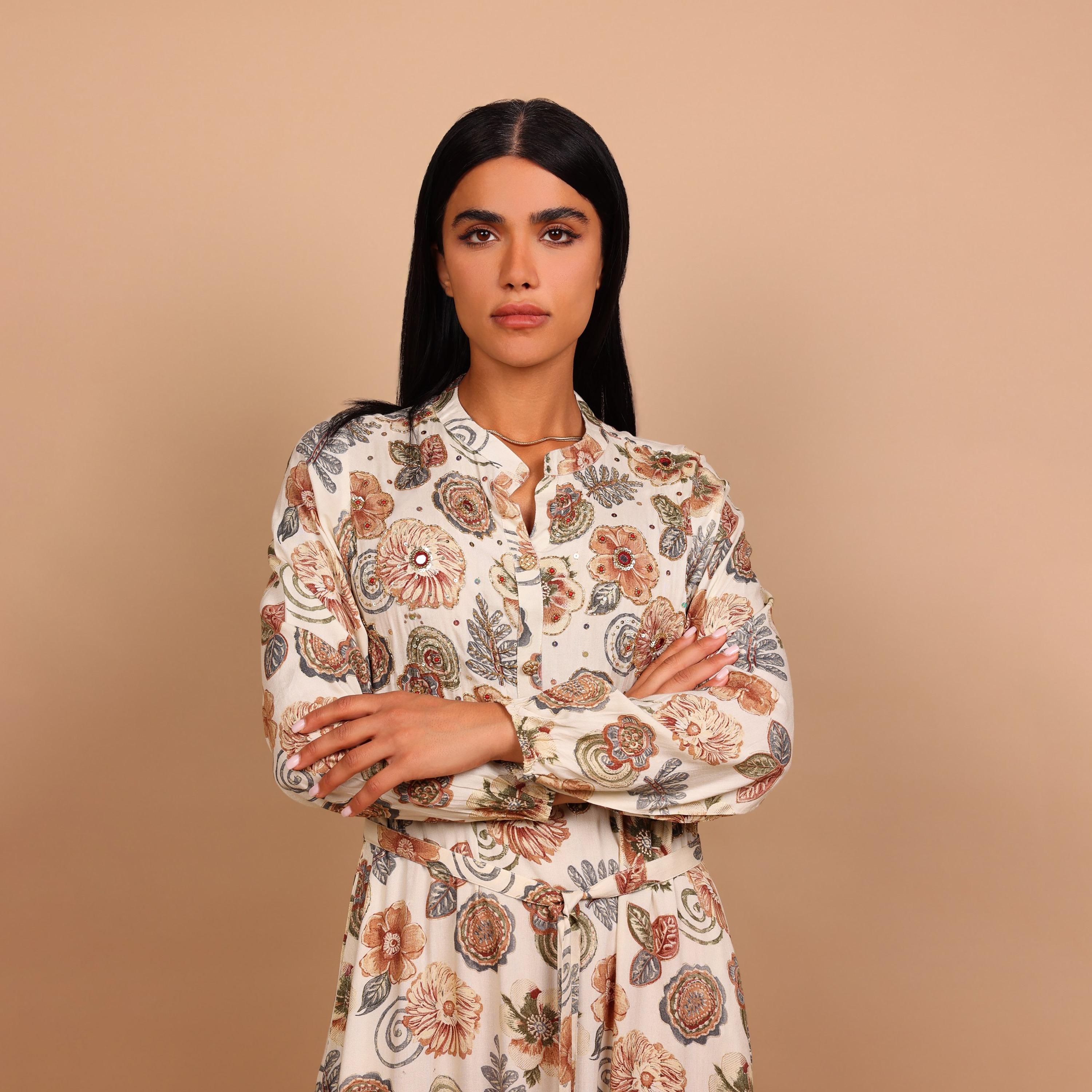 IKKXA Floral Print & Beaded Mandarin Collar Women's Fit and Flared Jalabiya-women-arabicclothing-jalabiyas-image-3