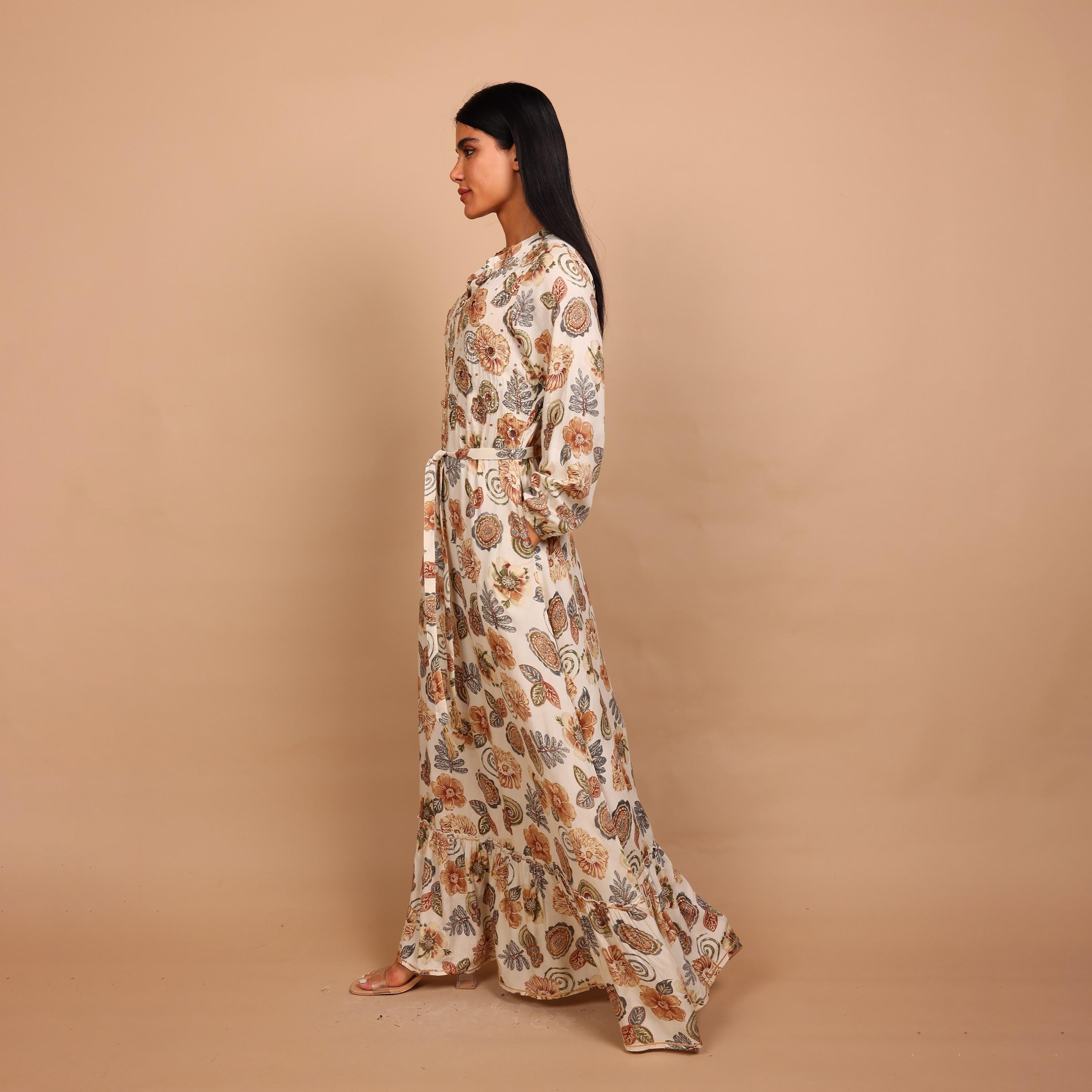 IKKXA Floral Print & Beaded Mandarin Collar Women's Fit and Flared Jalabiya-women-arabicclothing-jalabiyas-image-4