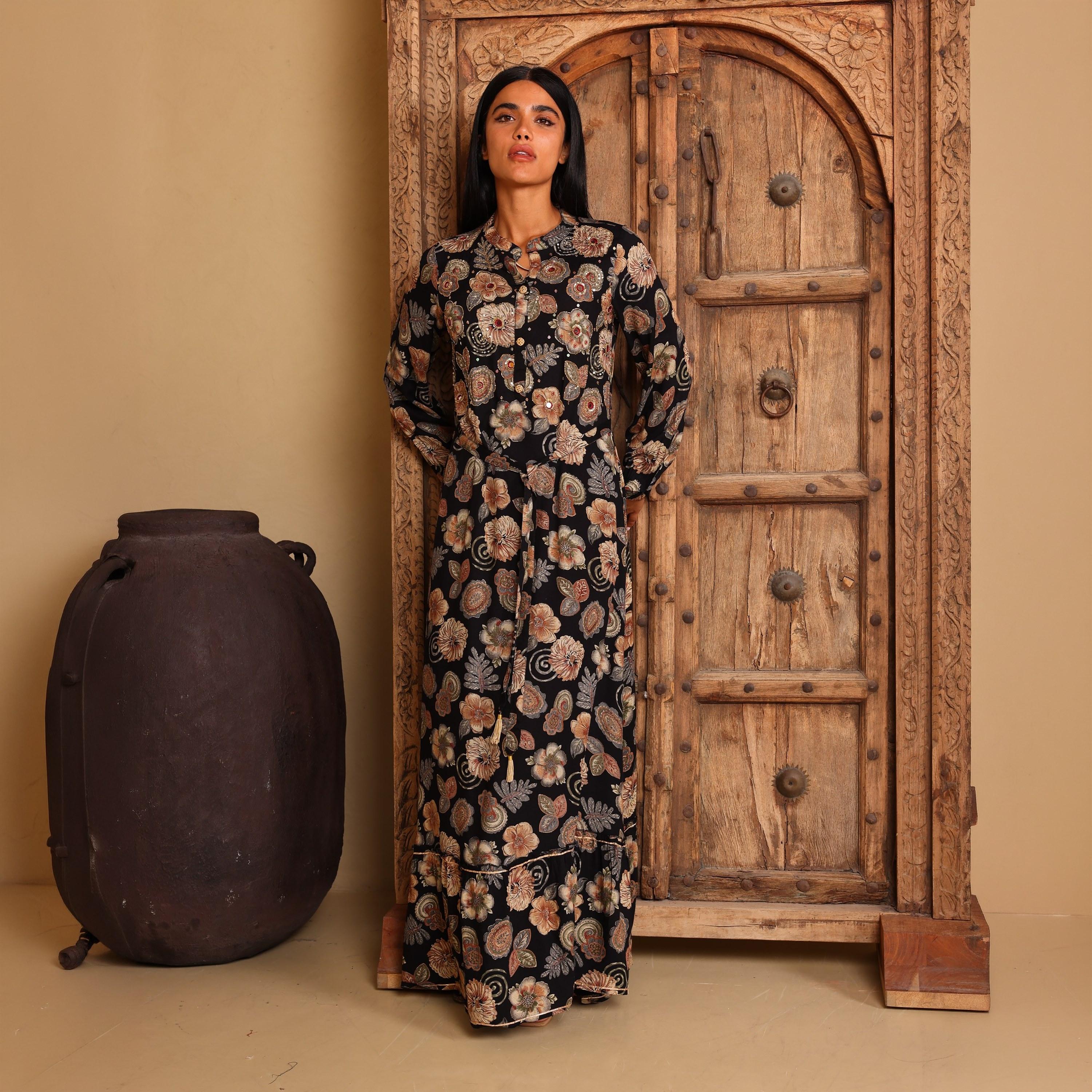 IKKXA Floral Print & Beaded Mandarin Collar Women's Fit and Flared Jalabiya-women-arabicclothing-jalabiyas-image-1