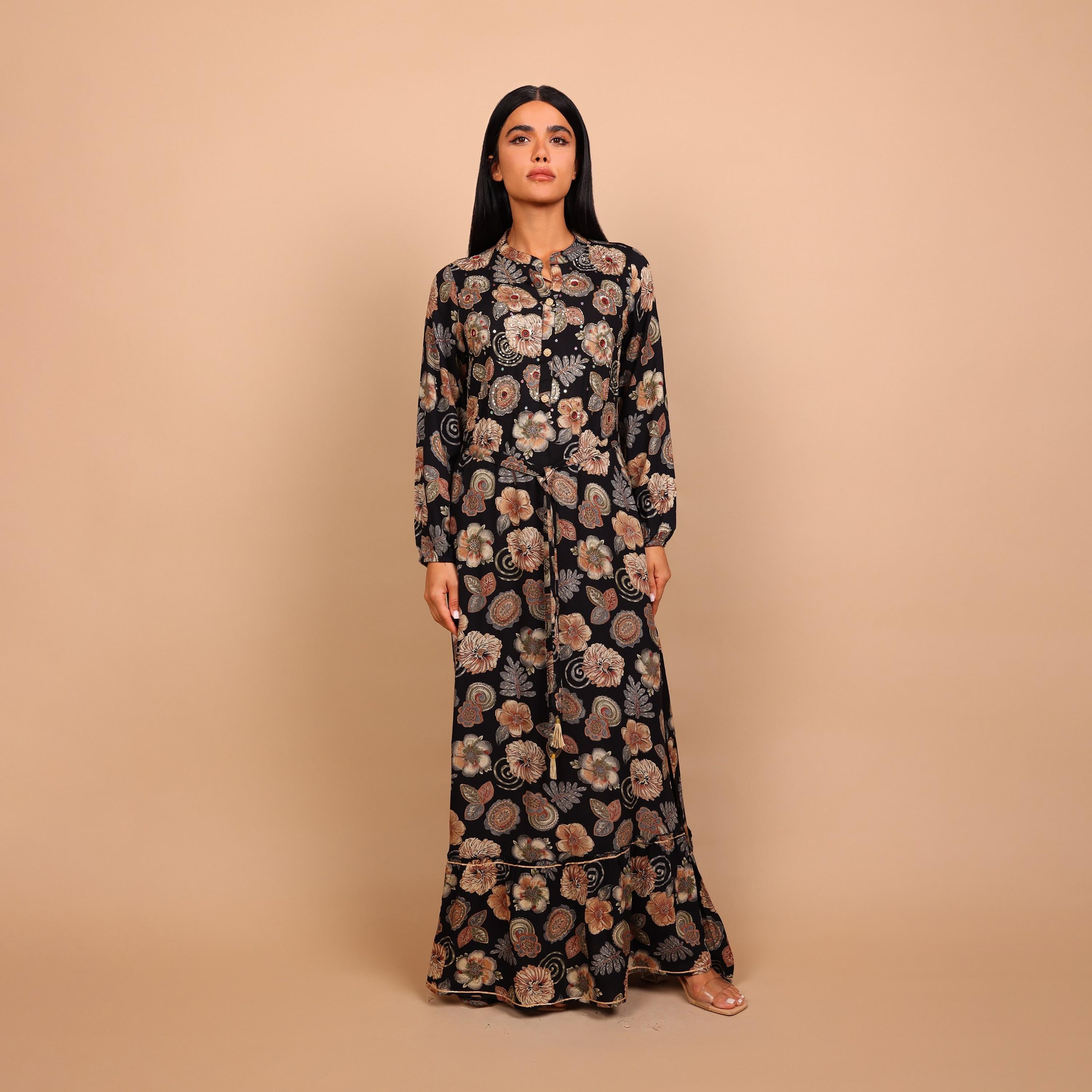 IKKXA Floral Print & Beaded Mandarin Collar Women's Fit and Flared Jalabiya-women-arabicclothing-jalabiyas-image-2
