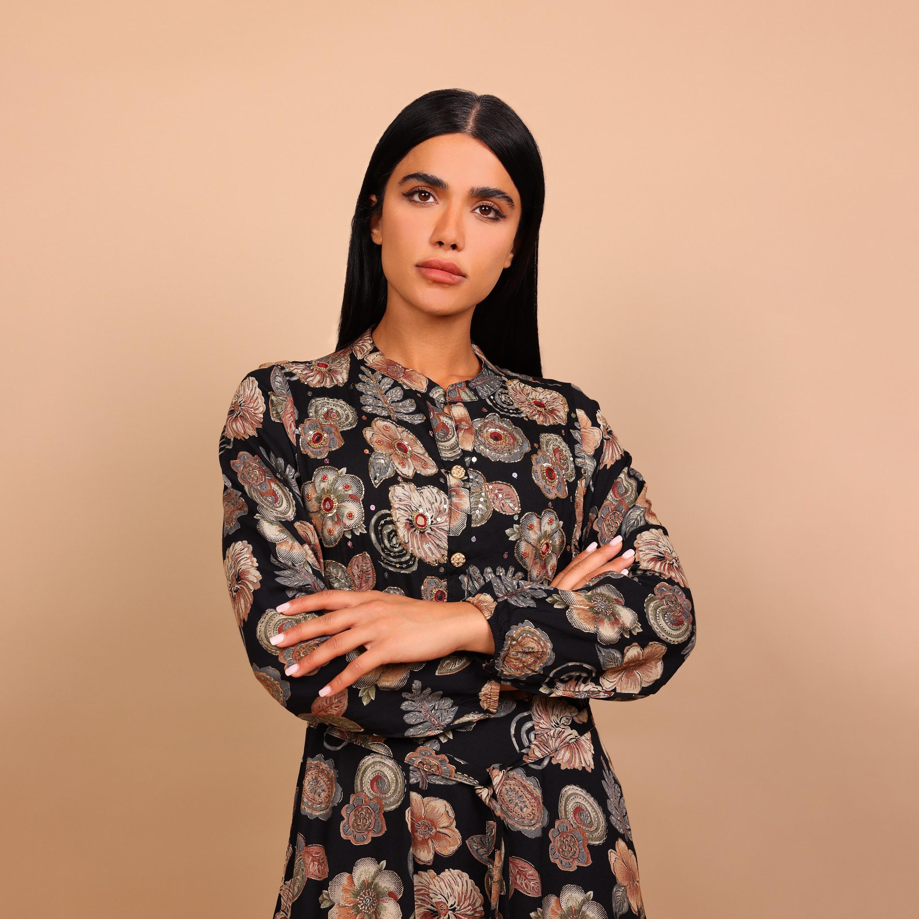 IKKXA Floral Print & Beaded Mandarin Collar Women's Fit and Flared Jalabiya-women-arabicclothing-jalabiyas-image-3