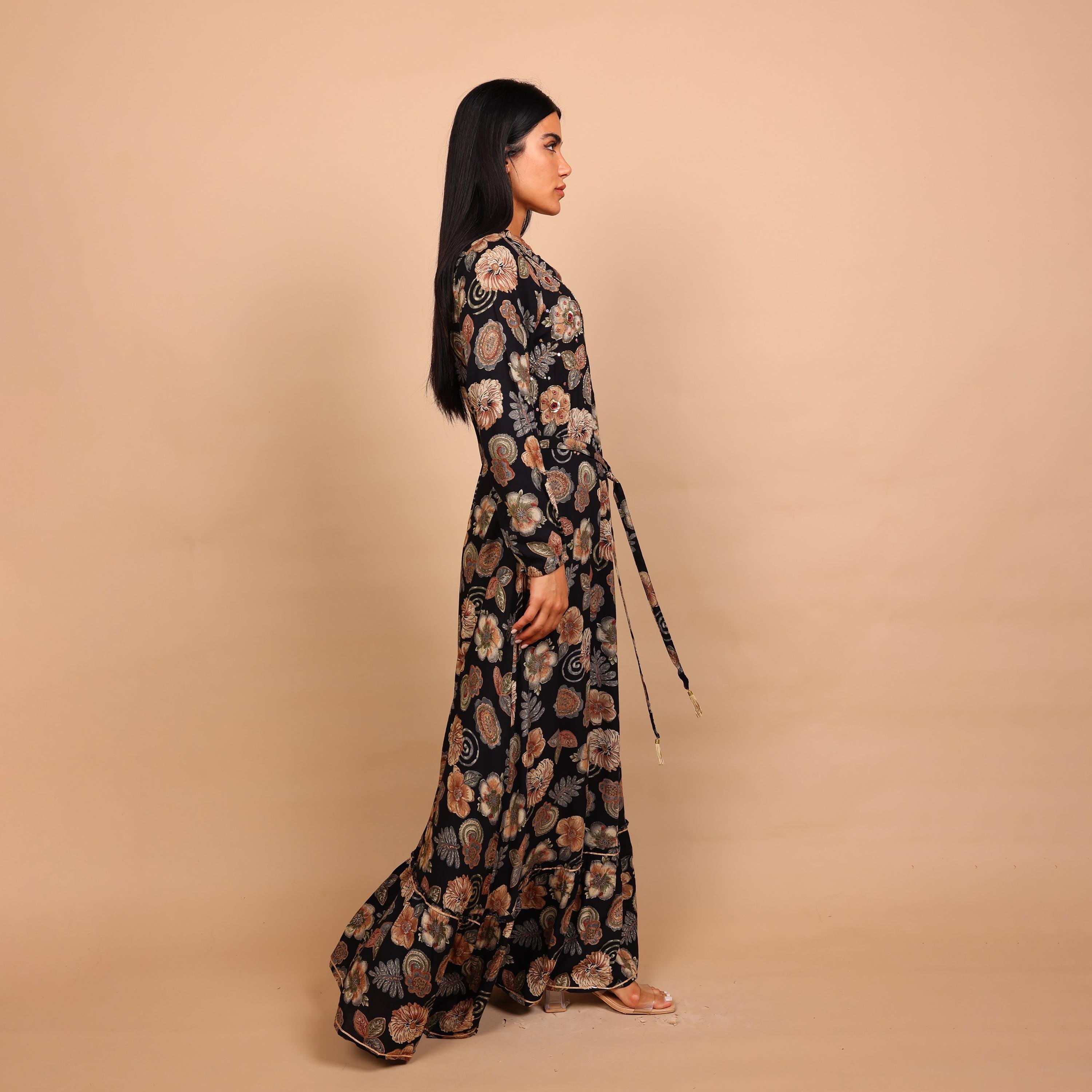 IKKXA Floral Print & Beaded Mandarin Collar Women's Fit and Flared Jalabiya-women-arabicclothing-jalabiyas-image-4