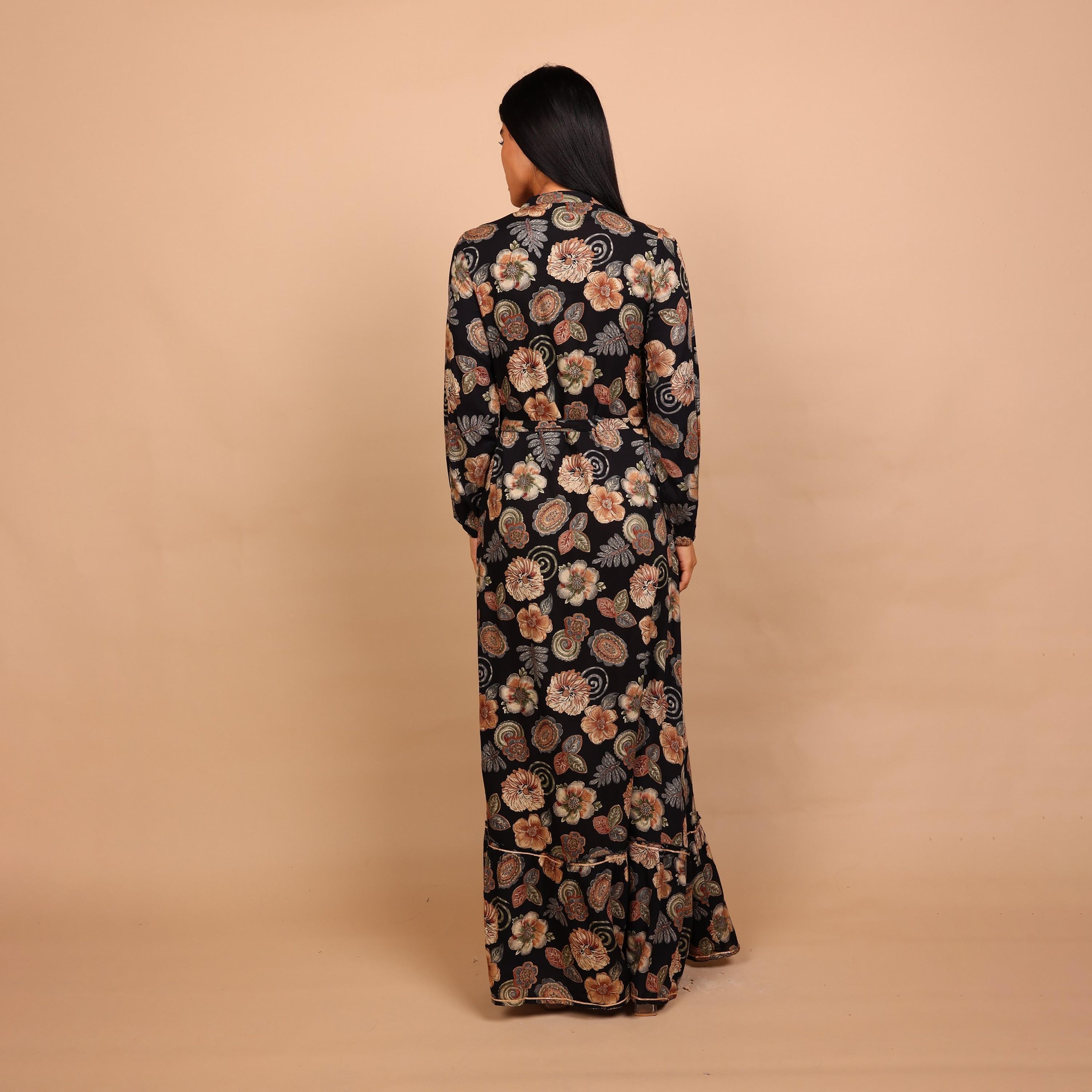 IKKXA Floral Print & Beaded Mandarin Collar Women's Fit and Flared Jalabiya-women-arabicclothing-jalabiyas-image-5