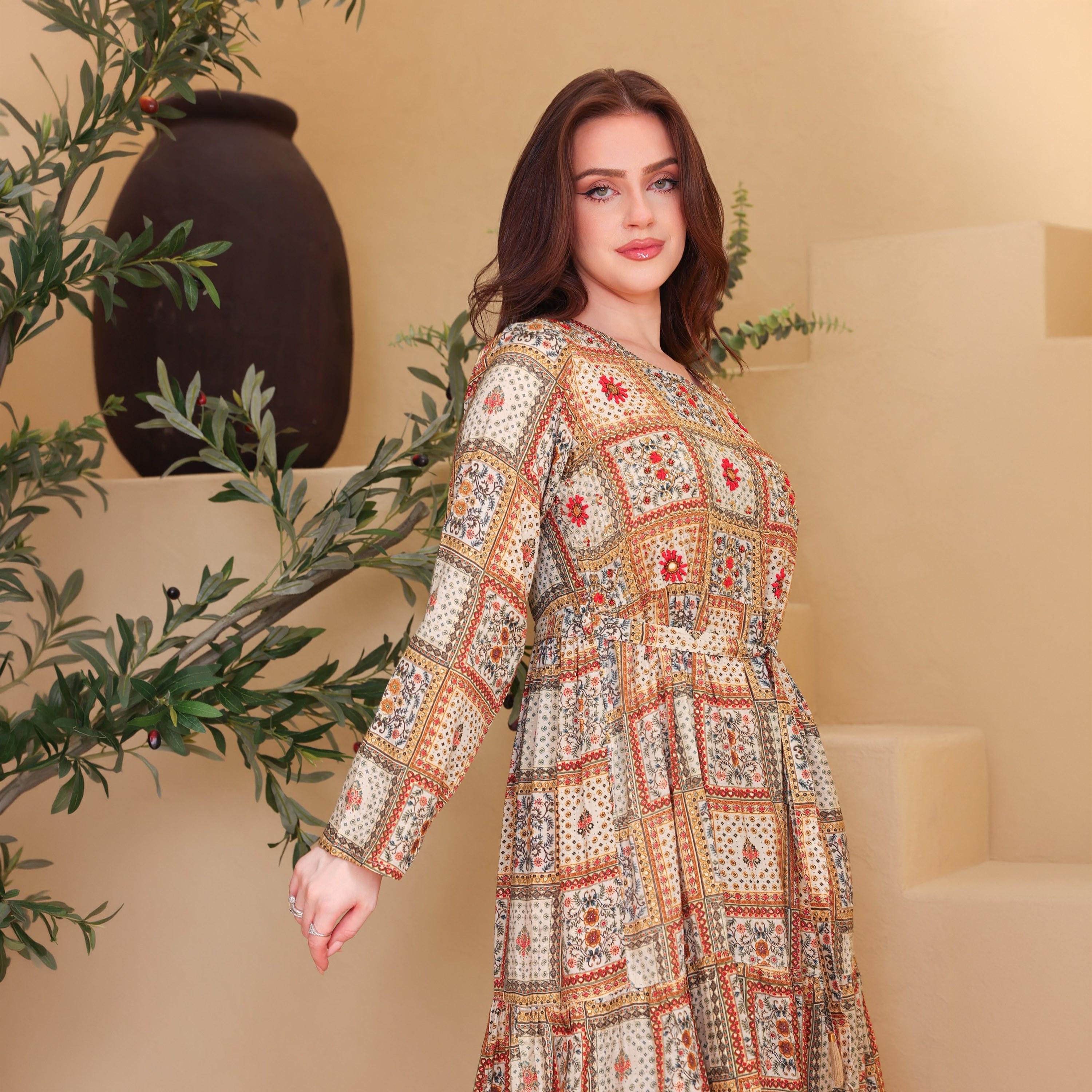 IKKXA Geometric Print Women's Tiered Jalabiya-women-arabicclothing-jalabiyas-image-5