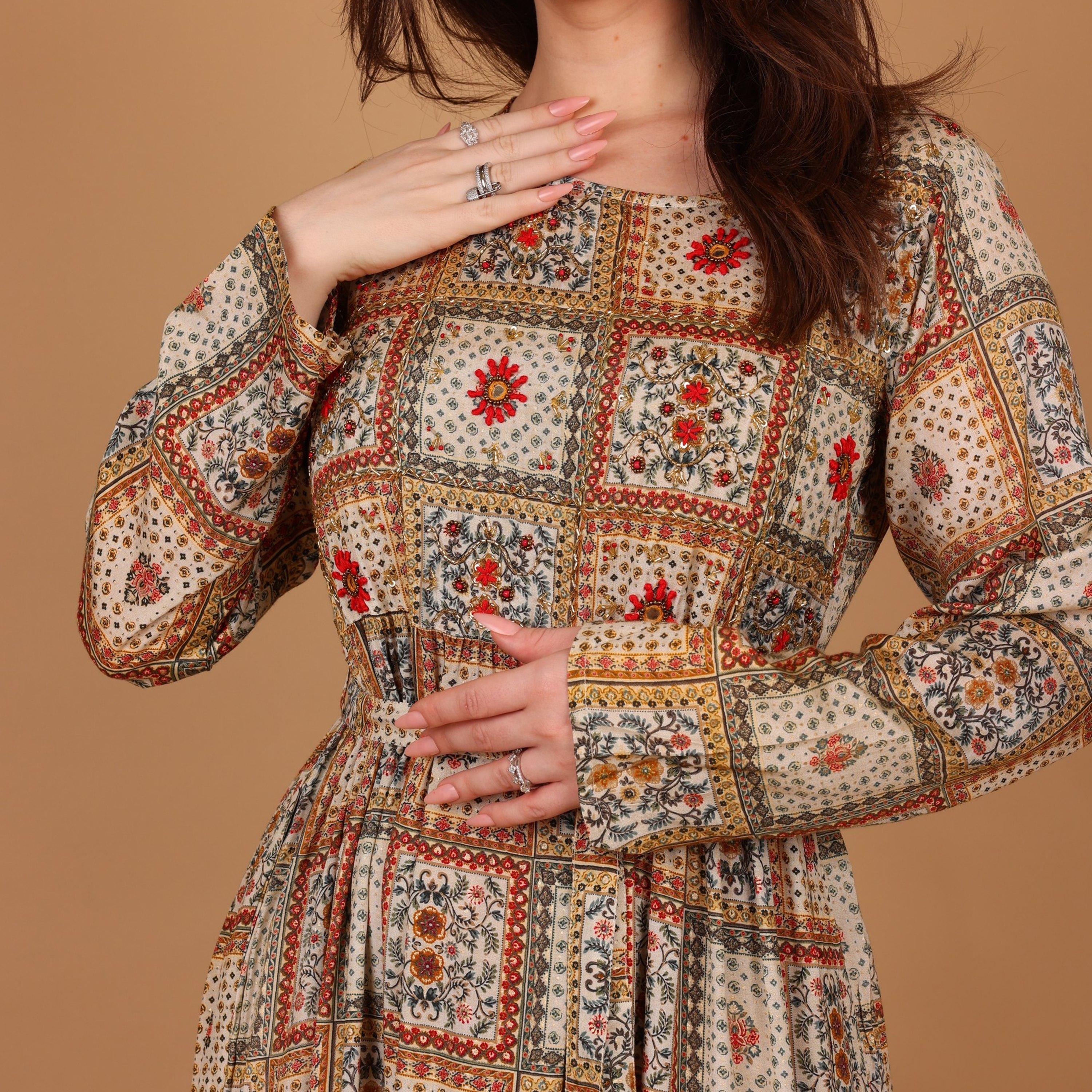 IKKXA Geometric Print Women's Tiered Jalabiya-women-arabicclothing-jalabiyas-image-1