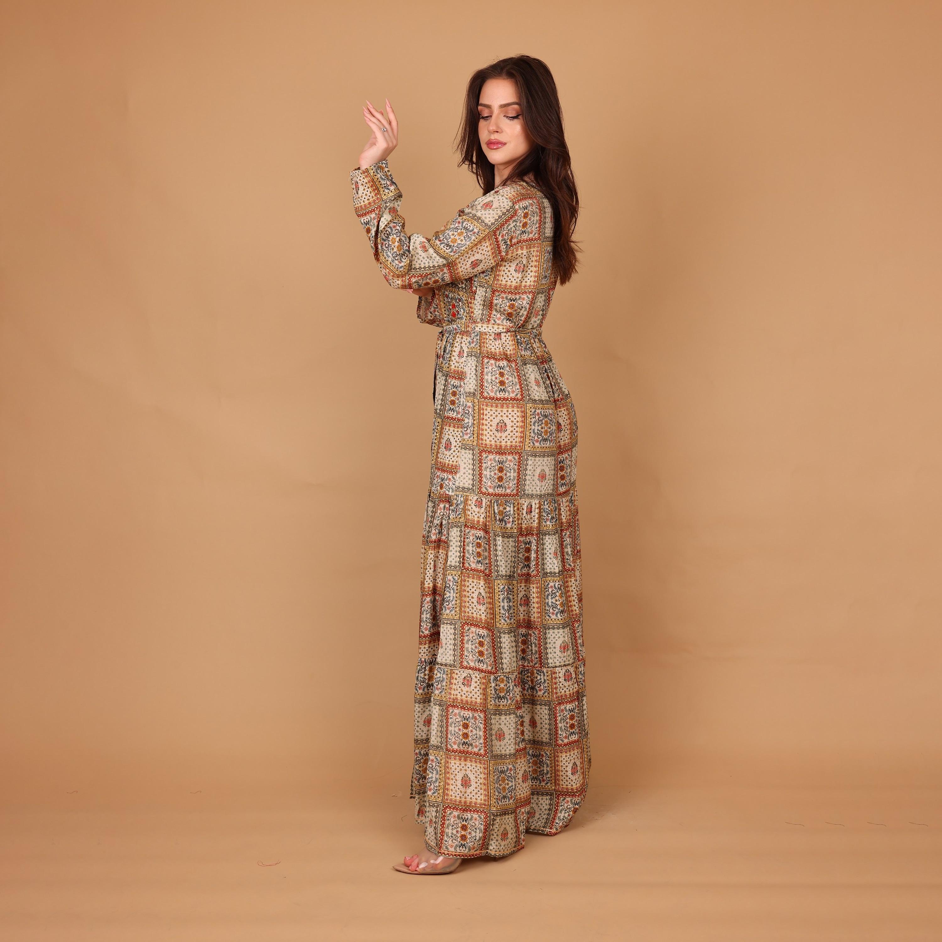 IKKXA Geometric Print Women's Tiered Jalabiya-women-arabicclothing-jalabiyas-image-2