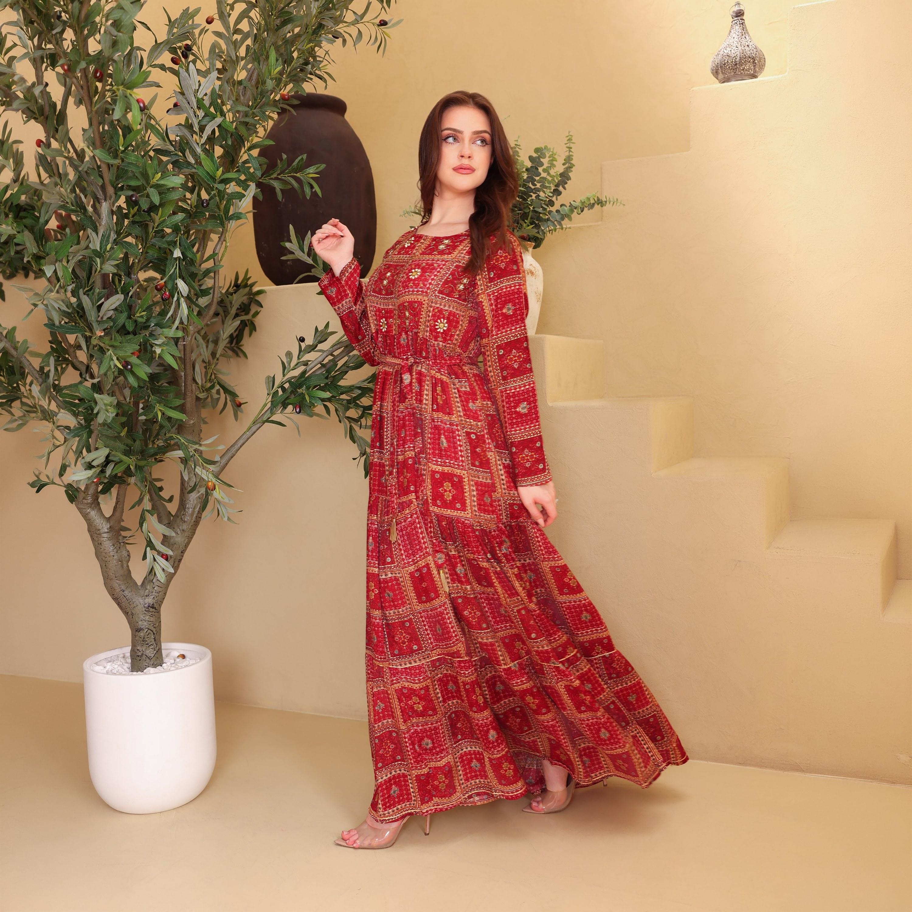 IKKXA Geometric Print Women's Tiered Jalabiya-women-arabicclothing-jalabiyas-image-1