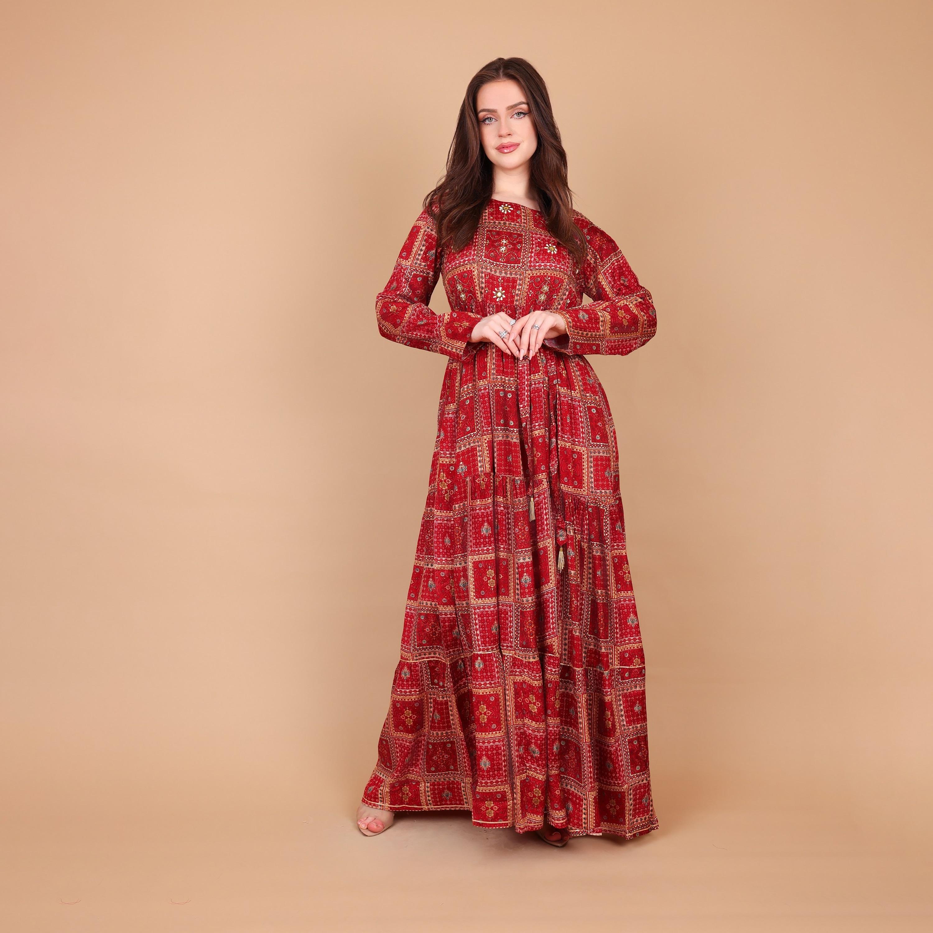 IKKXA Geometric Print Women's Tiered Jalabiya-women-arabicclothing-jalabiyas-image-2