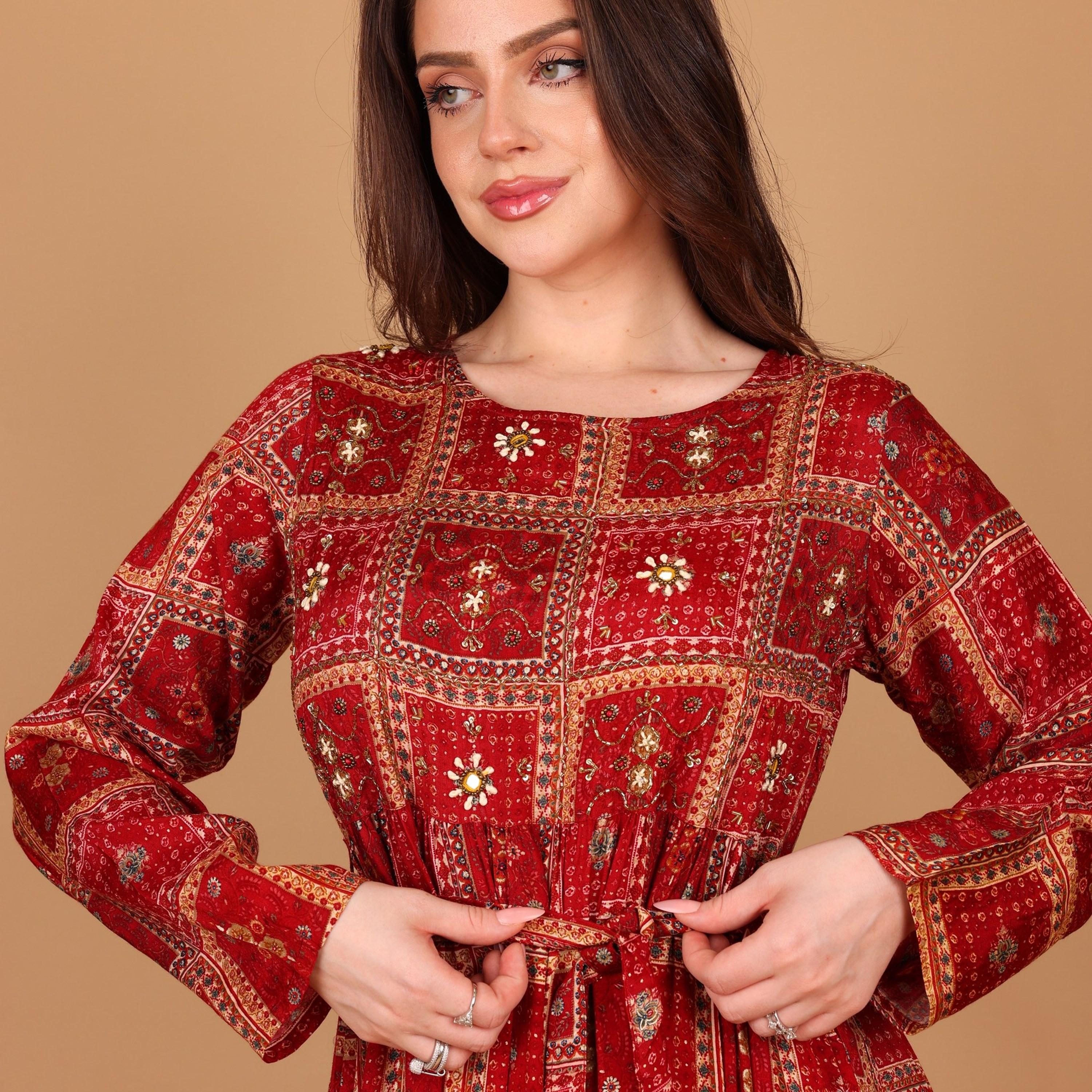 IKKXA Geometric Print Women's Tiered Jalabiya-women-arabicclothing-jalabiyas-image-3