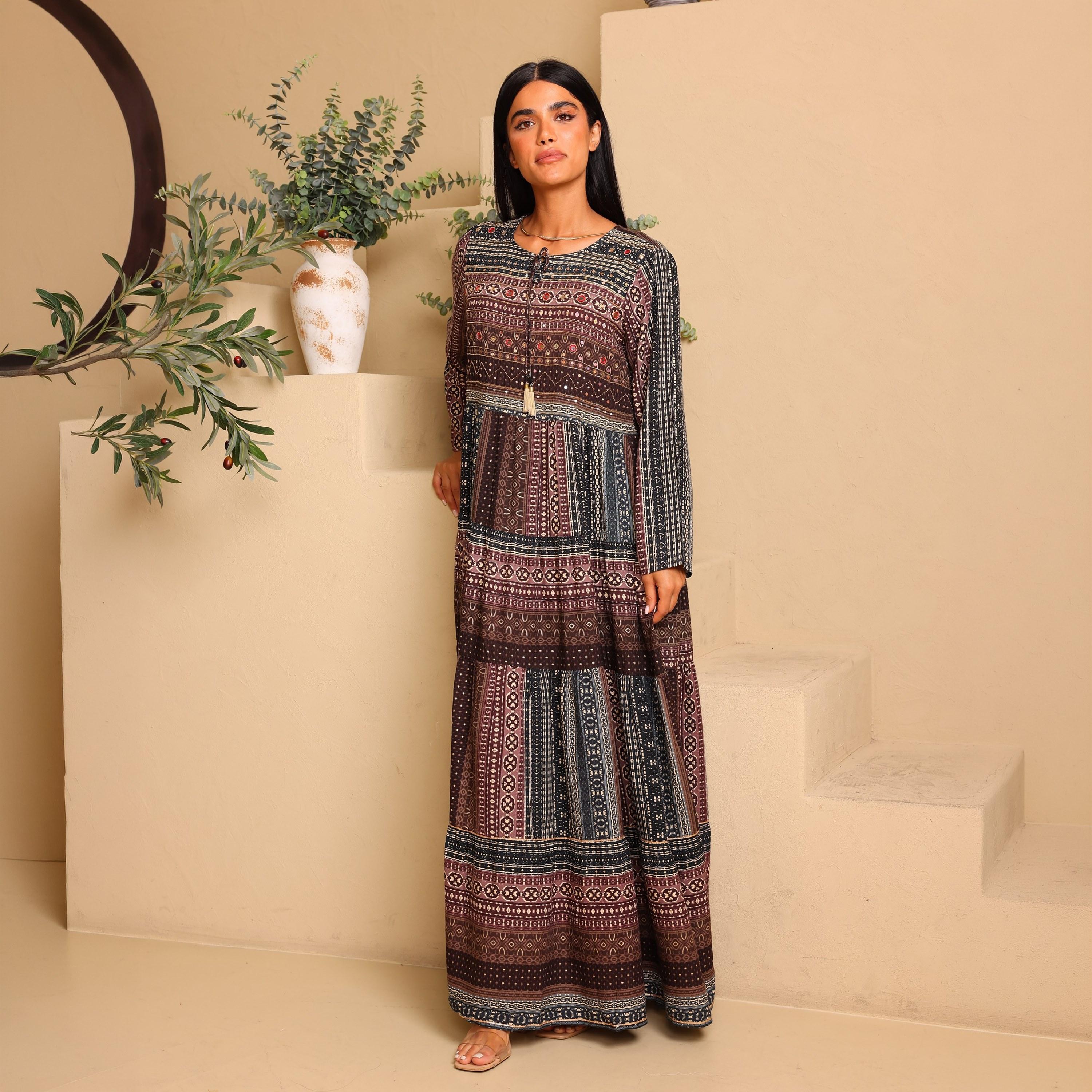 IKKXA Geometric Print Women's Tiered Jalabiya-women-arabicclothing-jalabiyas-image-1